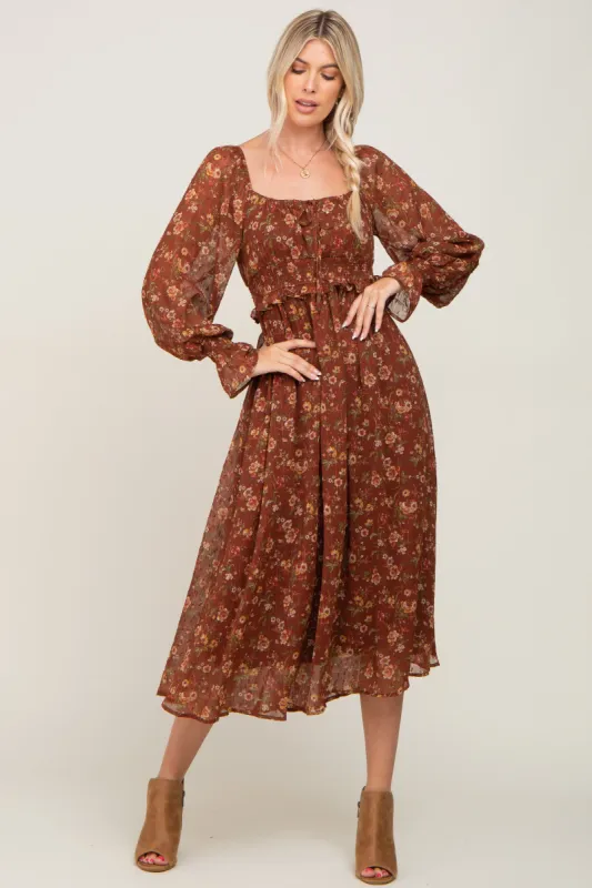 Brown Floral Chiffon Smocked Waist Midi Dress sold by Pinkblush