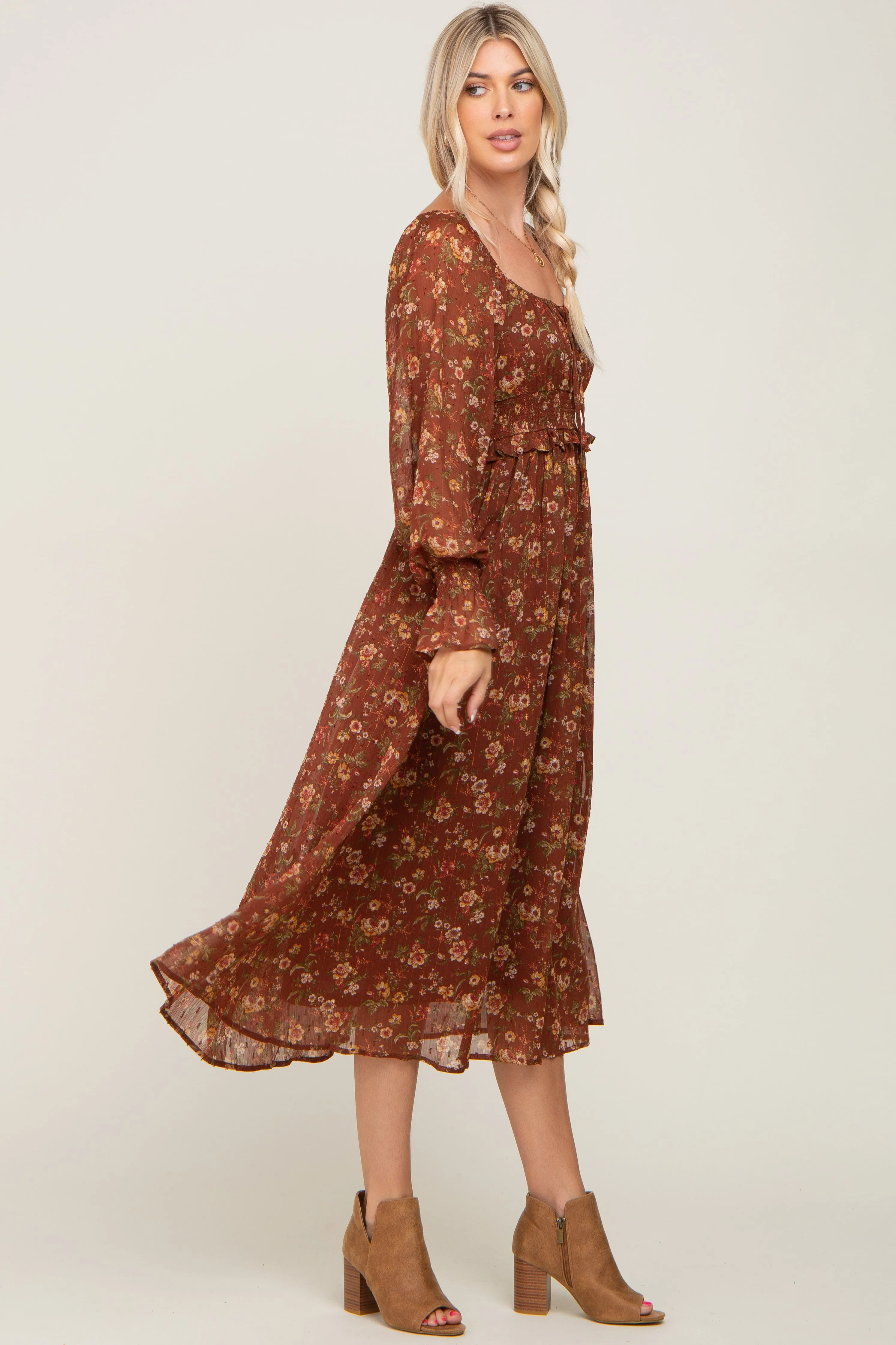 Brown Floral Chiffon Smocked Waist Midi Dress sold by Pinkblush product image thumbnail 2