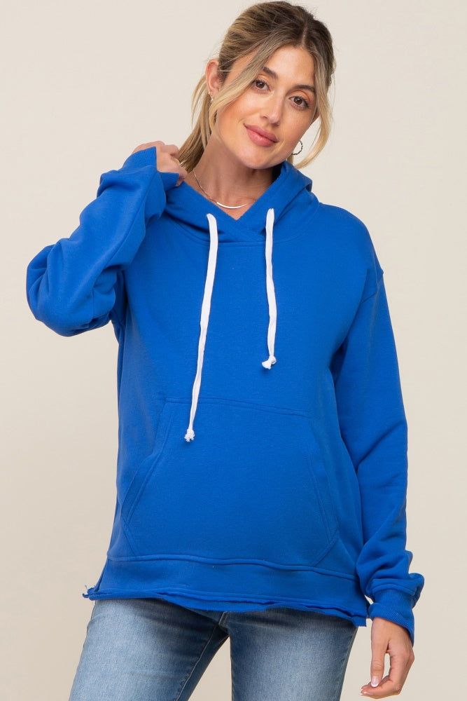 Royal Blue Raw Edge Trim Maternity Drawstring Hoodie sold by Pinkblush