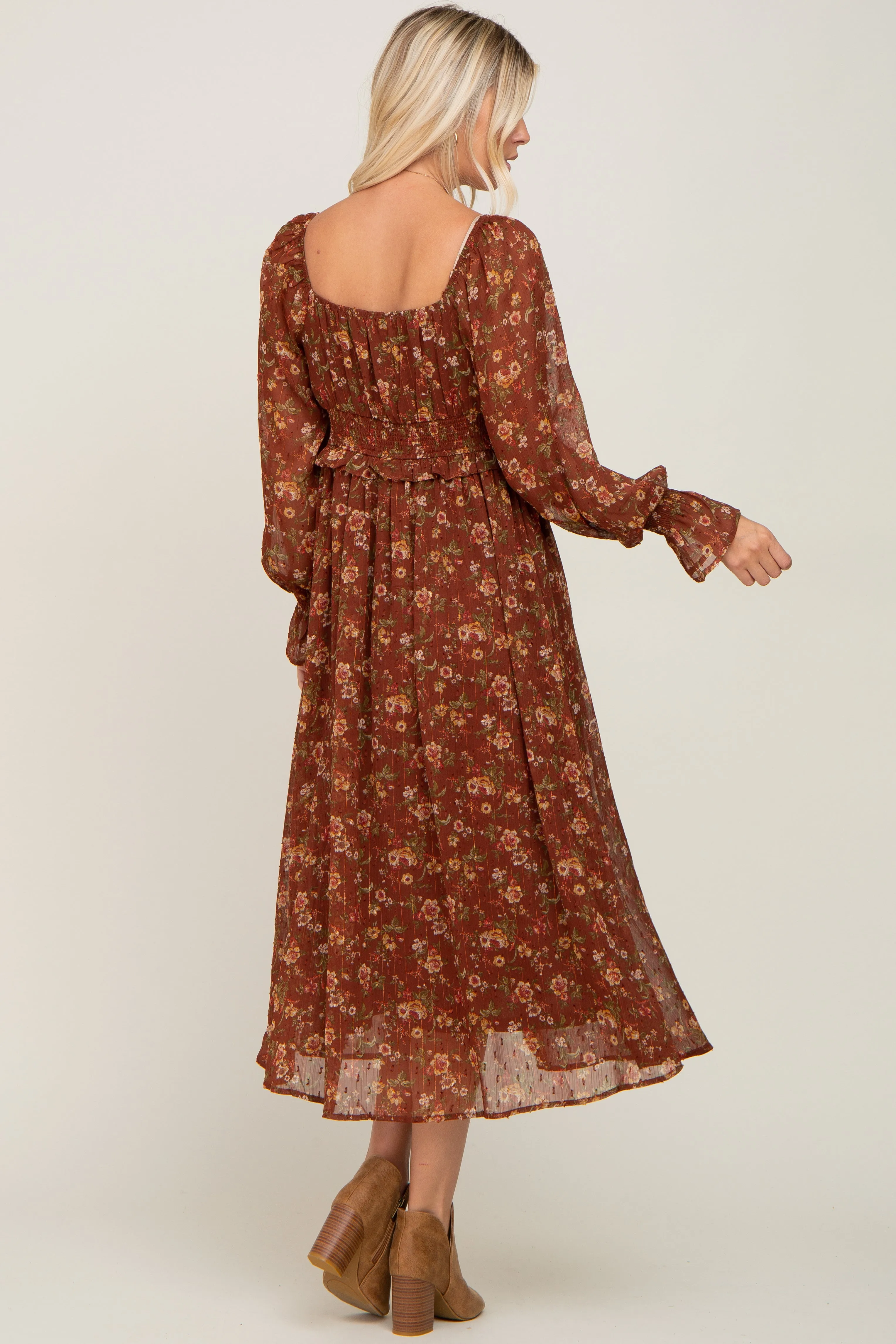 Brown Floral Chiffon Smocked Waist Midi Dress sold by Pinkblush product image thumbnail 3