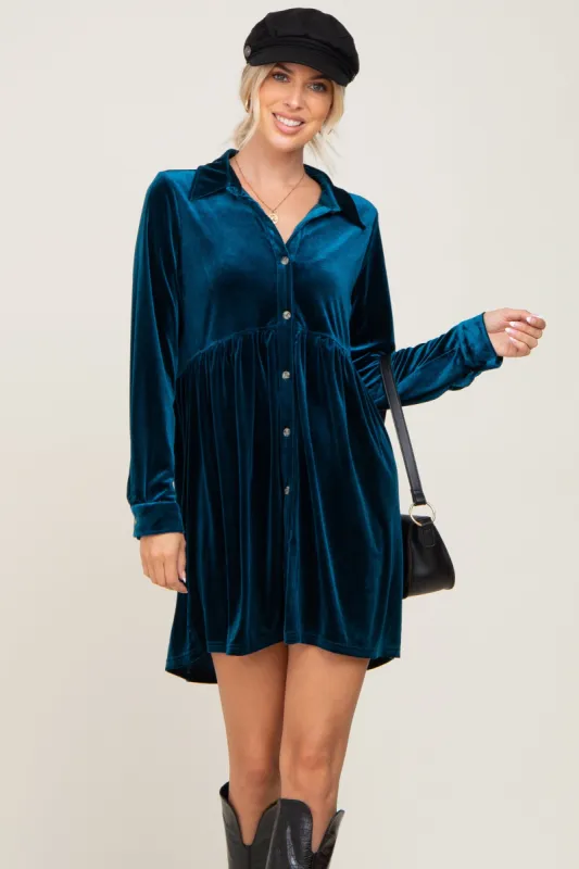 Dark Teal Velvet Button Down Mini Dress sold by Pinkblush