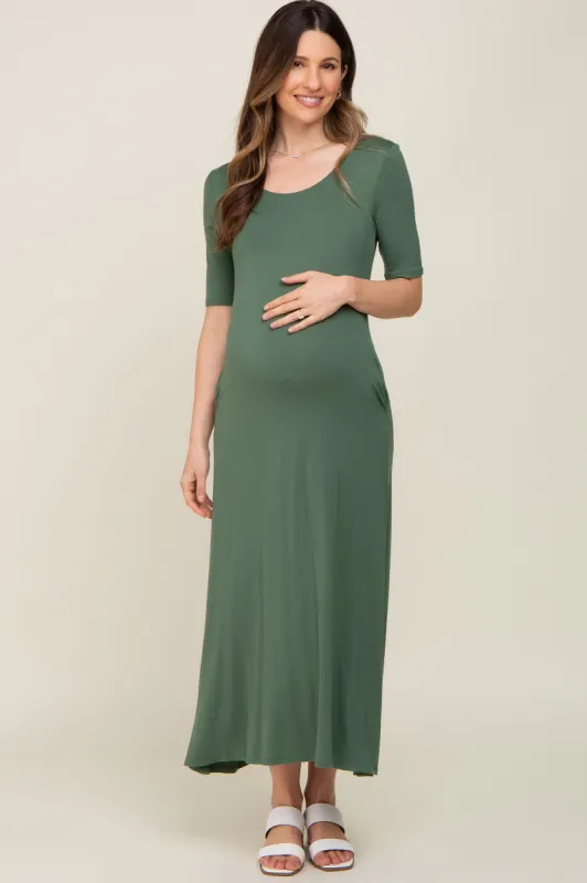 Olive Scoop Neck Maternity Maxi Dress sold by Pinkblush