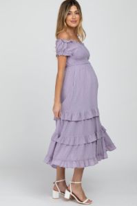 Lavender Smocked Ruffle Maternity Midi Dress sold by Pinkblush