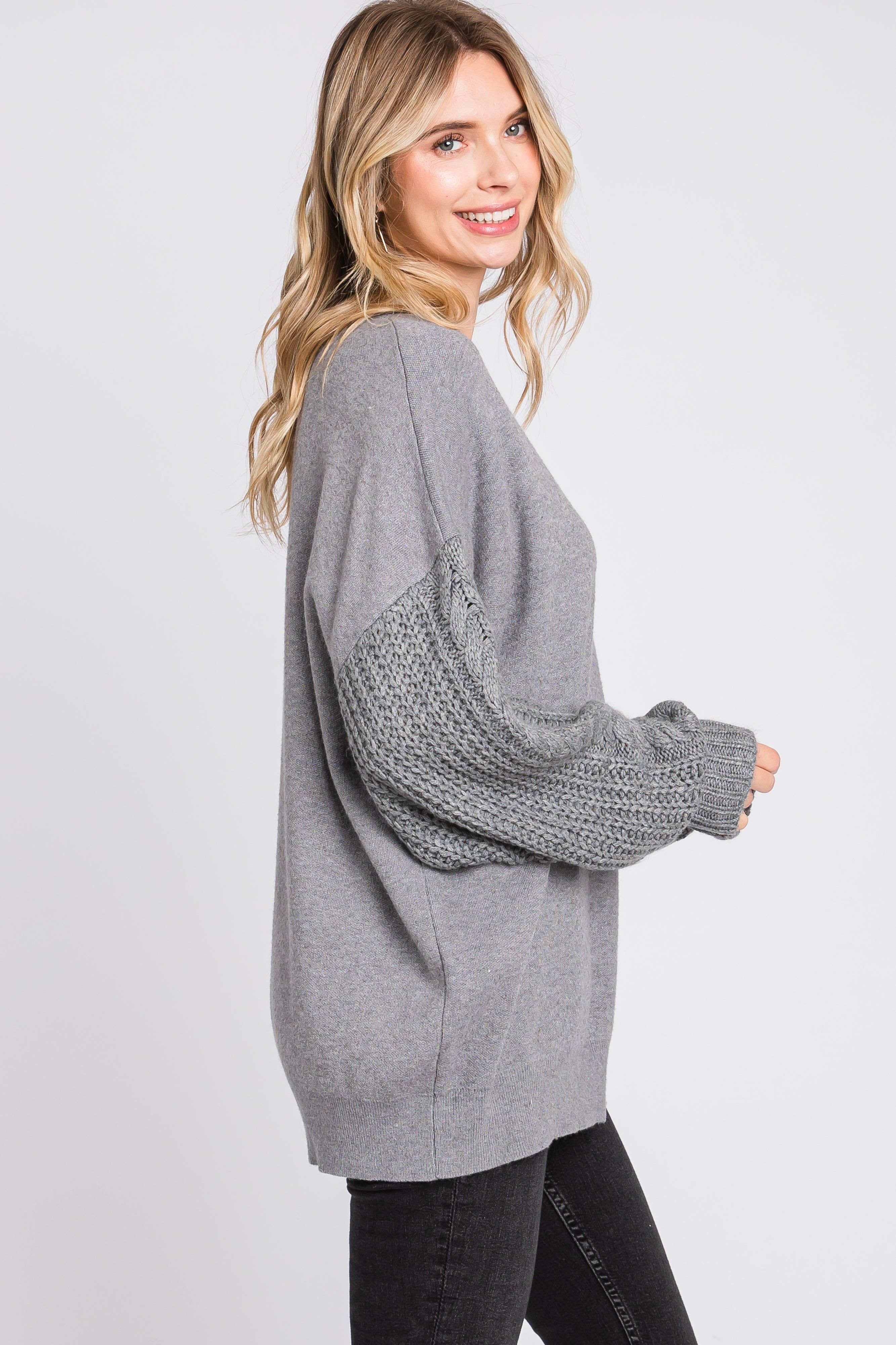 Heather Grey Cable Knit Sleeve Sweater sold by Pinkblush product image thumbnail 2