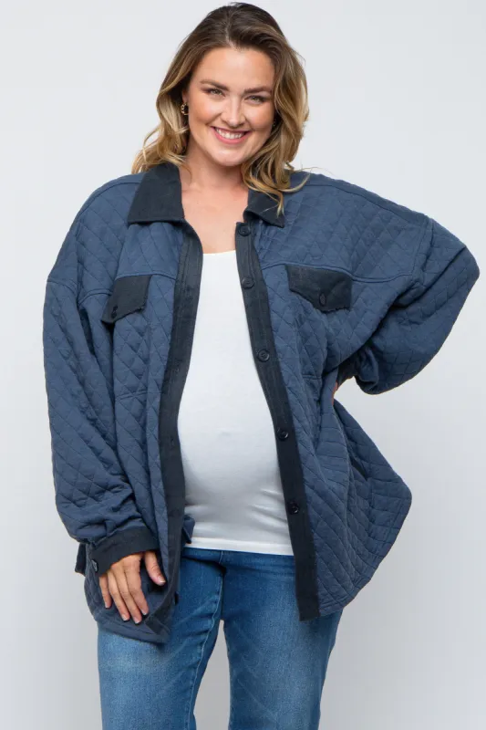 Navy Blue Colorblock Quilted Maternity Plus Shirt Jacket sold by Pinkblush