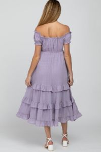 Lavender Smocked Ruffle Maternity Midi Dress sold by Pinkblush
