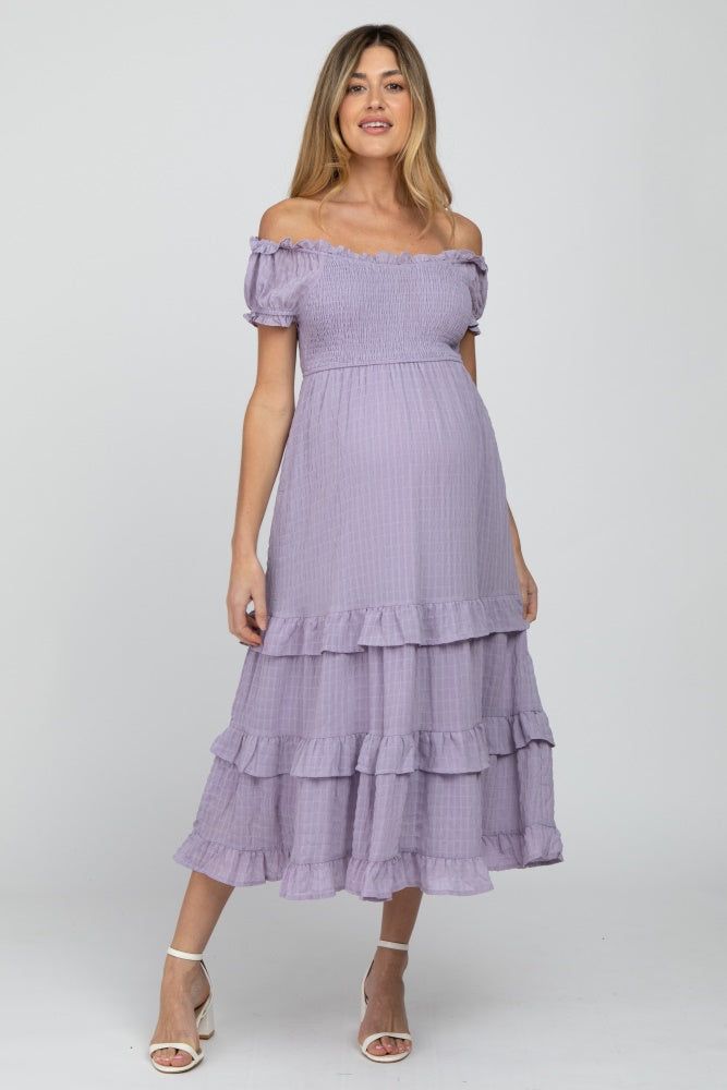 Lavender Smocked Ruffle Maternity Midi Dress sold by Pinkblush