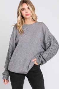Heather Grey Cable Knit Sleeve Sweater sold by Pinkblush