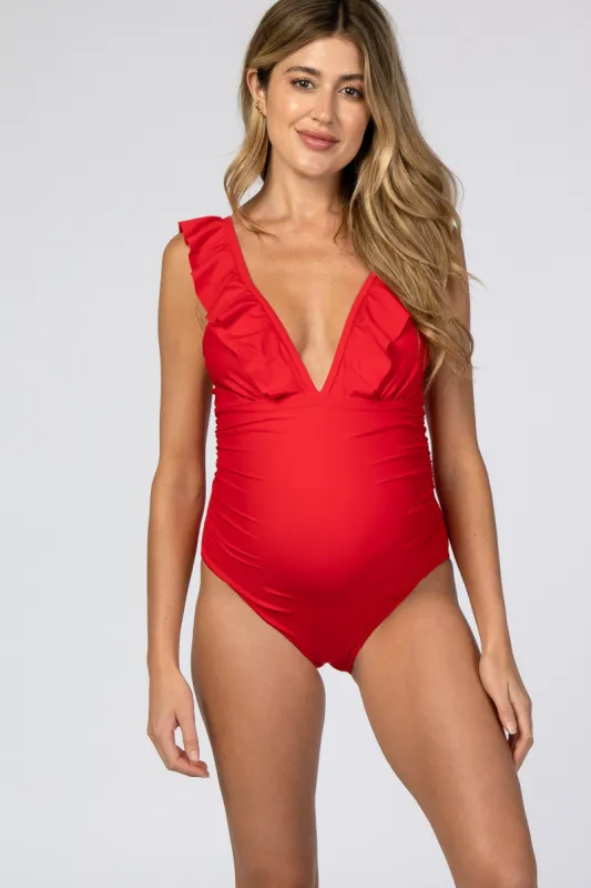 Red Ruffle Maternity One-Piece Maternity Swimsuit sold by Pinkblush