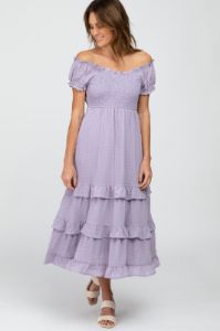 Lavender Smocked Ruffle Maternity Midi Dress sold by Pinkblush