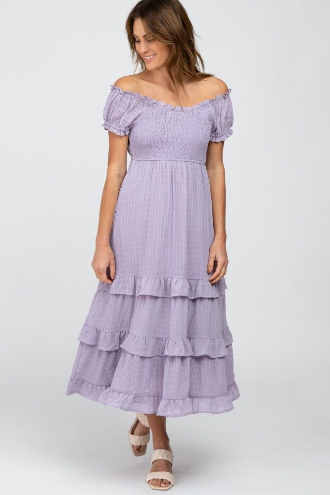 Lavender Smocked Ruffle Maternity Midi Dress sold by Pinkblush product image thumbnail 5