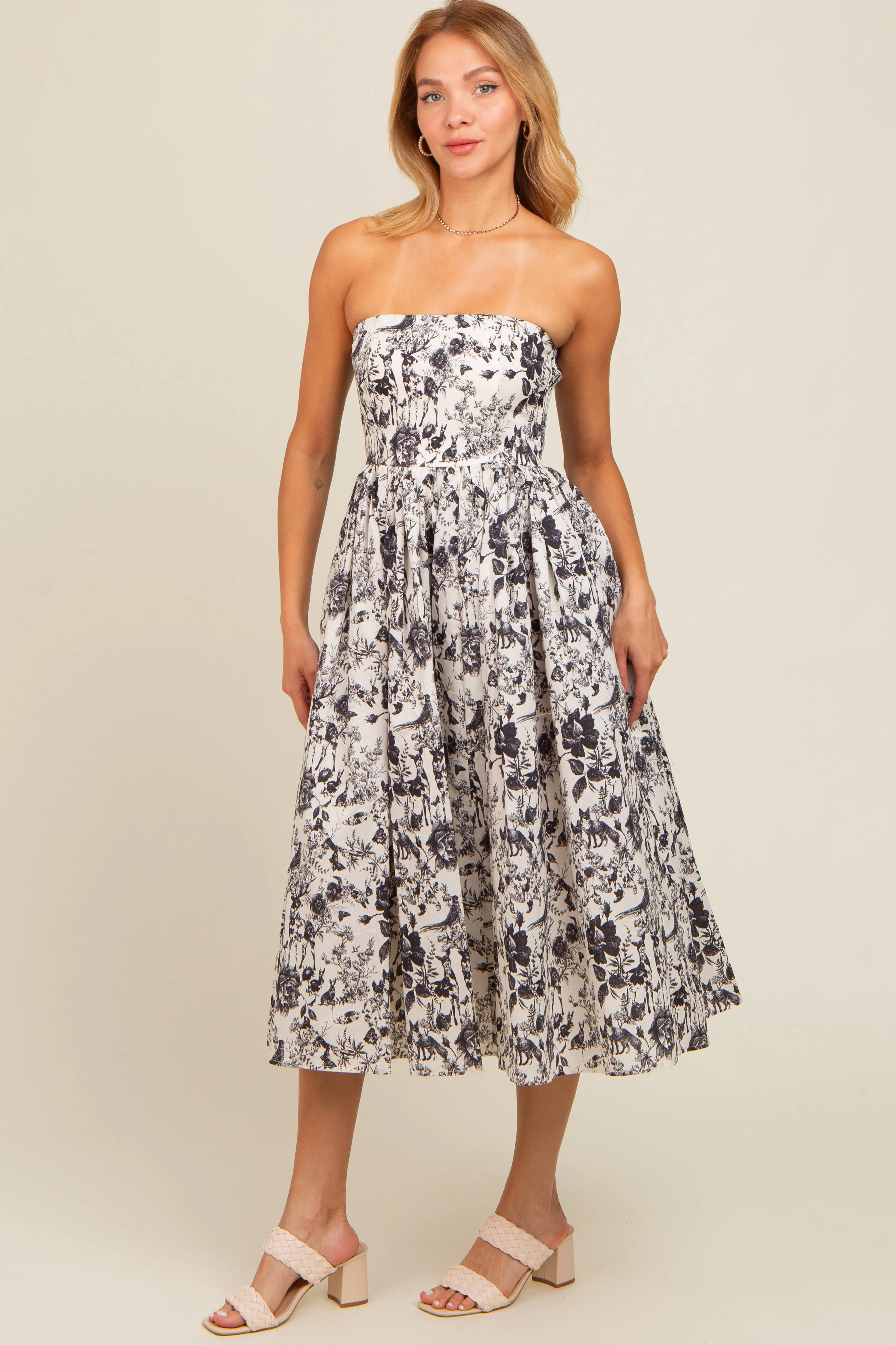 Black Floral Strapless Midi Dress sold by Pinkblush