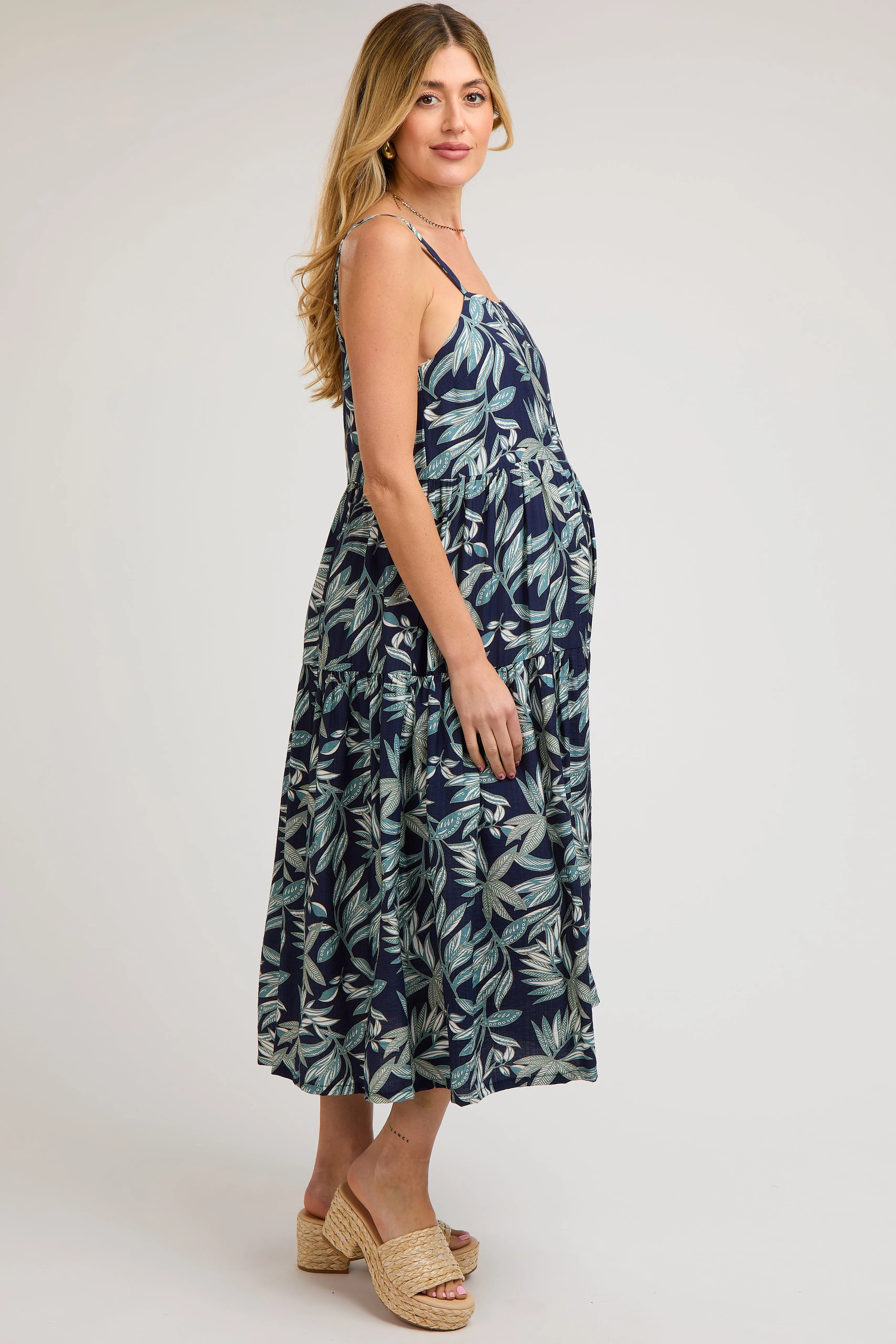 Navy Blue Leaf Print Square Neck Tiered Maternity Midi Dress sold by Pinkblush product image thumbnail 4