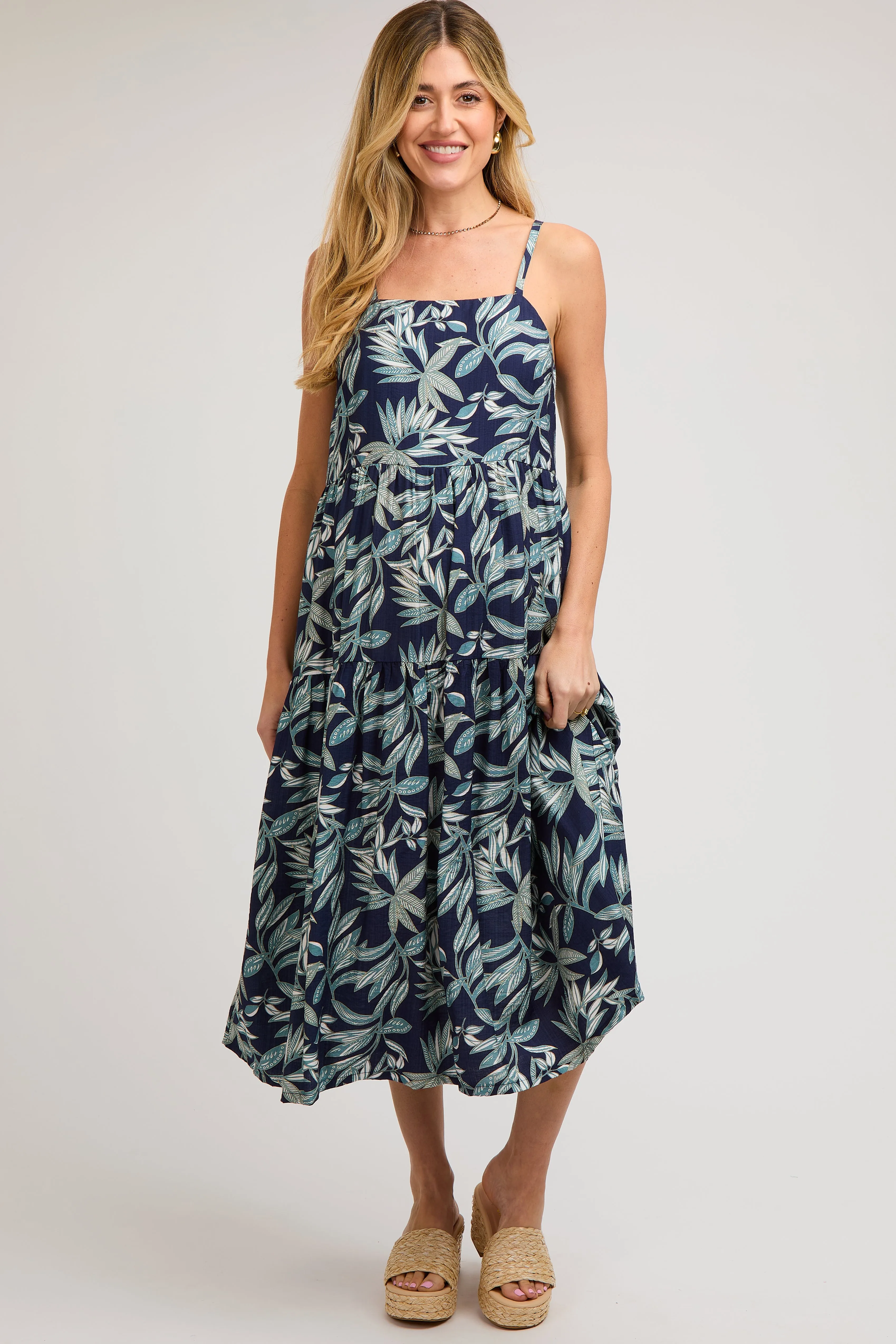Navy Blue Leaf Print Square Neck Tiered Maternity Midi Dress sold by Pinkblush