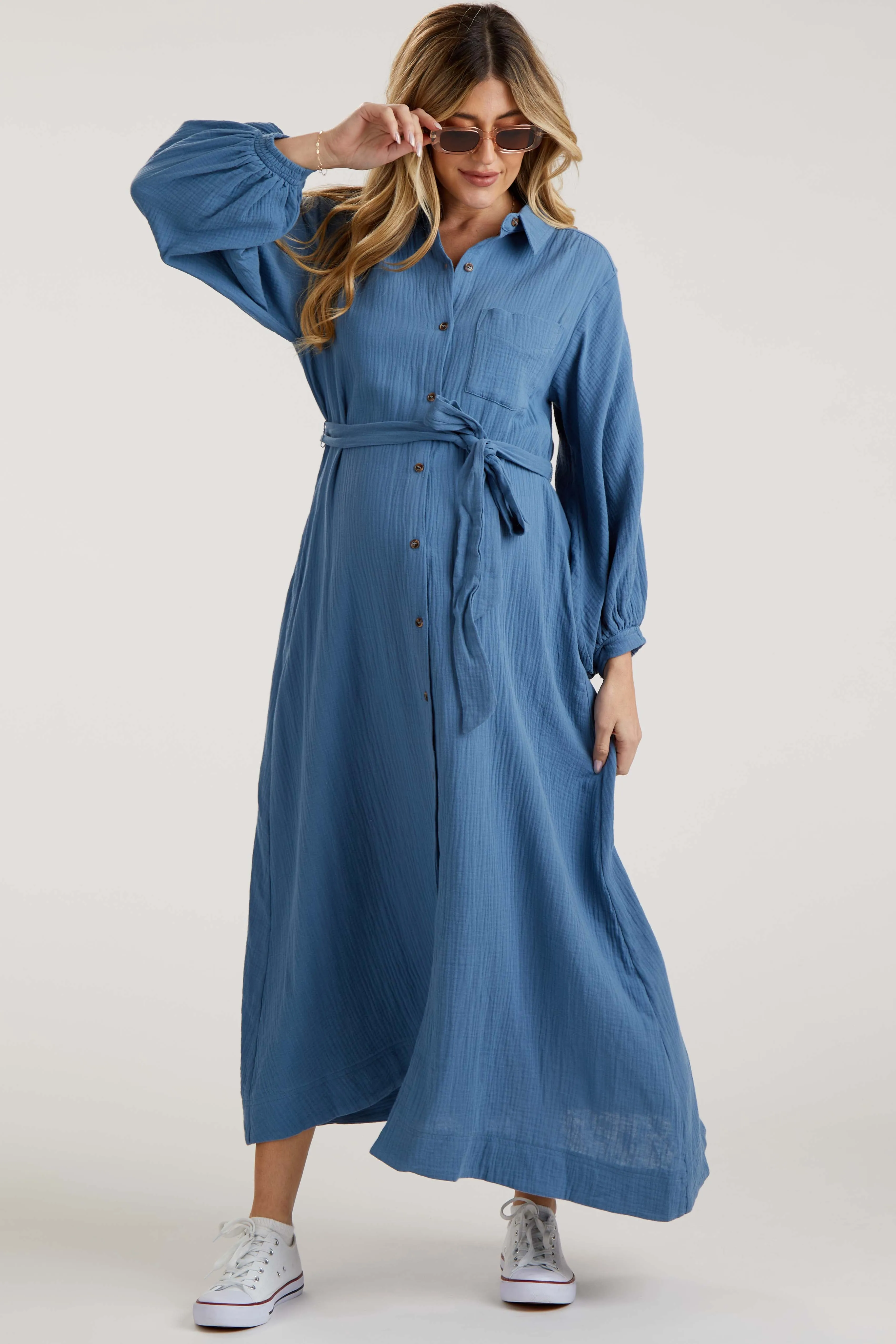 Blue Gauze Belted Shirt Maternity Midi Dress sold by Pinkblush product image thumbnail 4