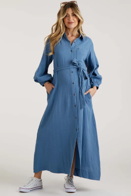 Blue Gauze Belted Shirt Maternity Midi Dress sold by Pinkblush