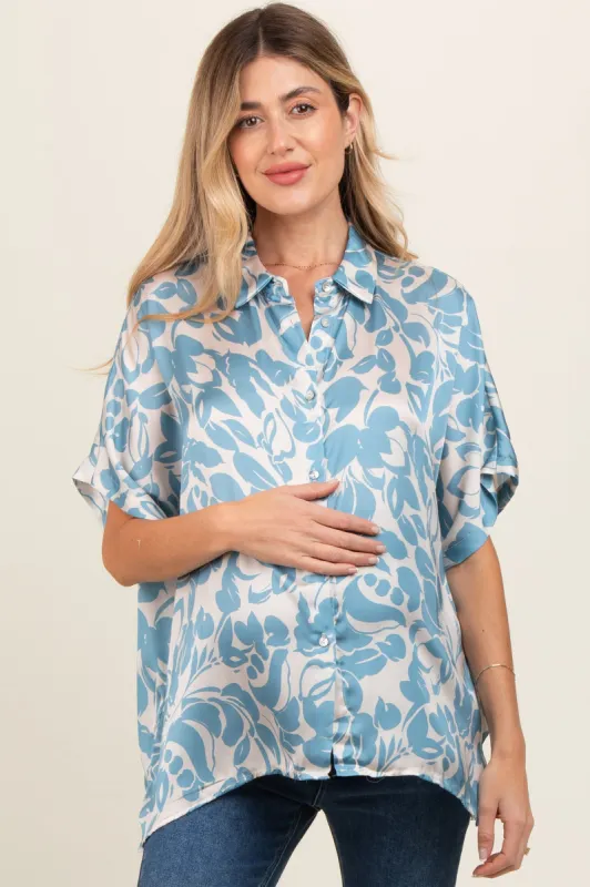Aqua Floral Button Down Maternity Blouse sold by Pinkblush