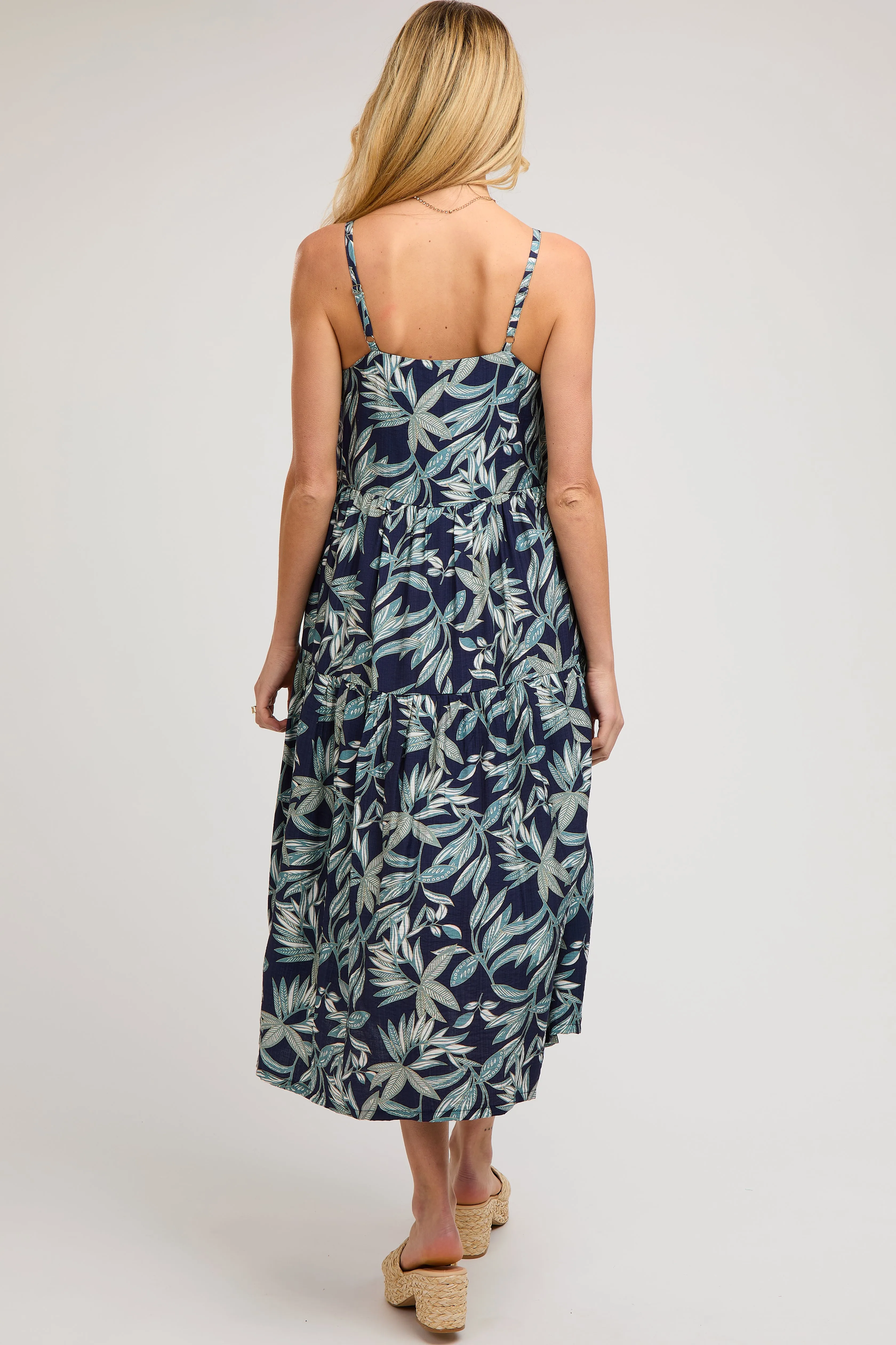 Navy Blue Leaf Print Square Neck Tiered Maternity Midi Dress sold by Pinkblush product image thumbnail 5