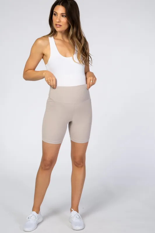 Taupe Ribbed Maternity Bike Shorts sold by Pinkblush