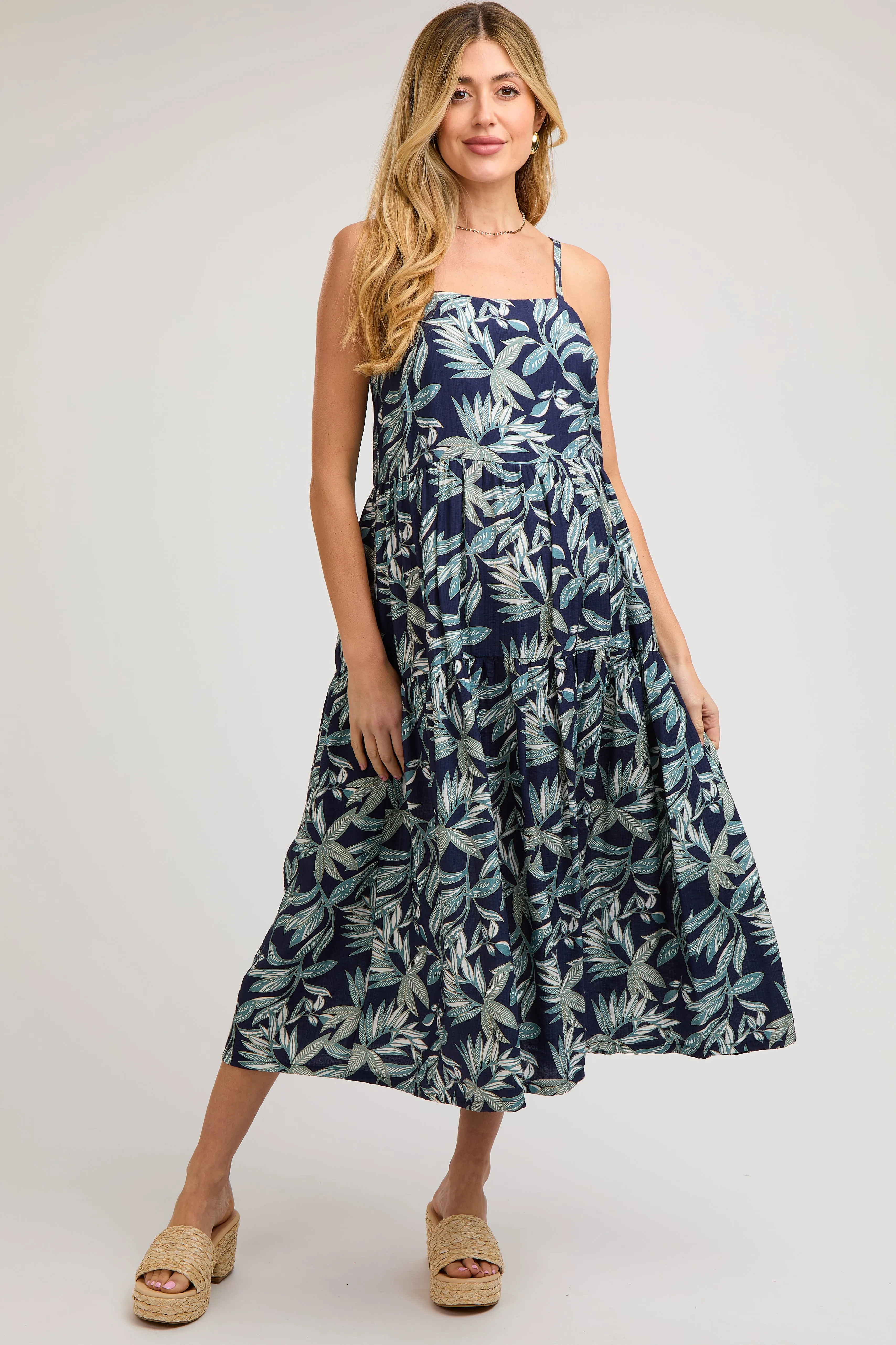 Navy Blue Leaf Print Square Neck Tiered Maternity Midi Dress sold by Pinkblush product image thumbnail 2