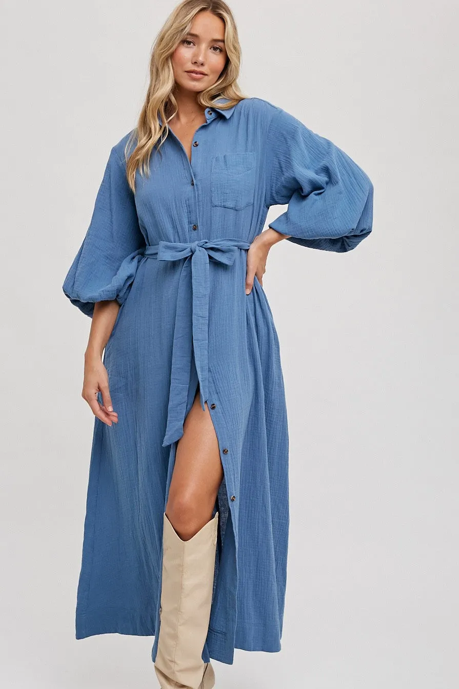 Blue Gauze Belted Shirt Maternity Midi Dress sold by Pinkblush product image thumbnail 5