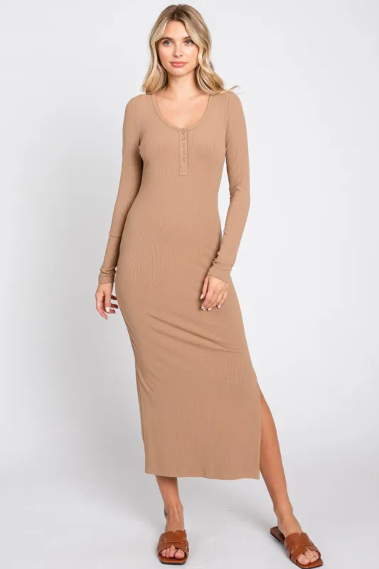 Mocha Ribbed Front Button Long Sleeve Midi Dress sold by Pinkblush