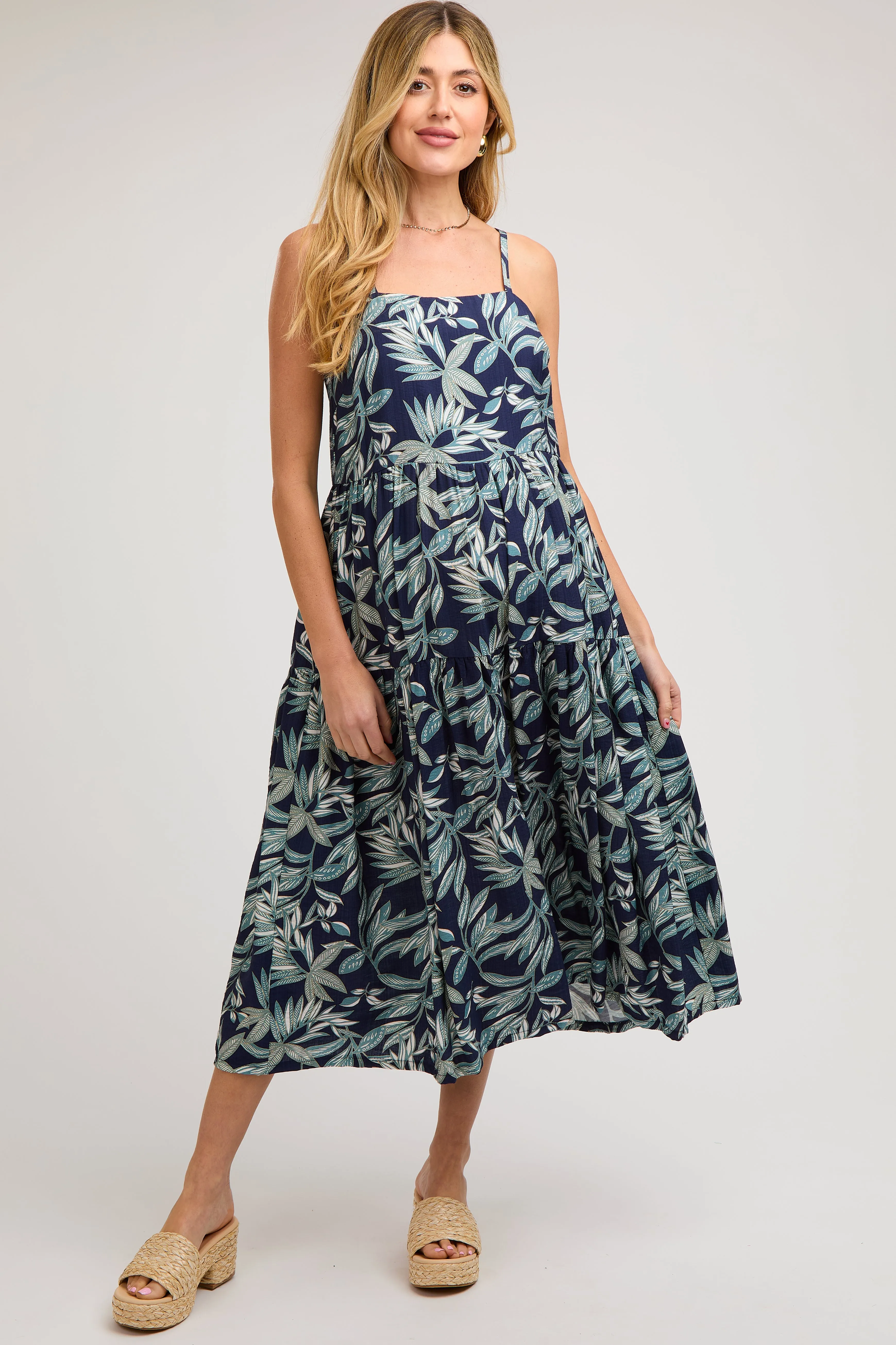 Navy Blue Leaf Print Square Neck Tiered Maternity Midi Dress sold by Pinkblush product image thumbnail 3