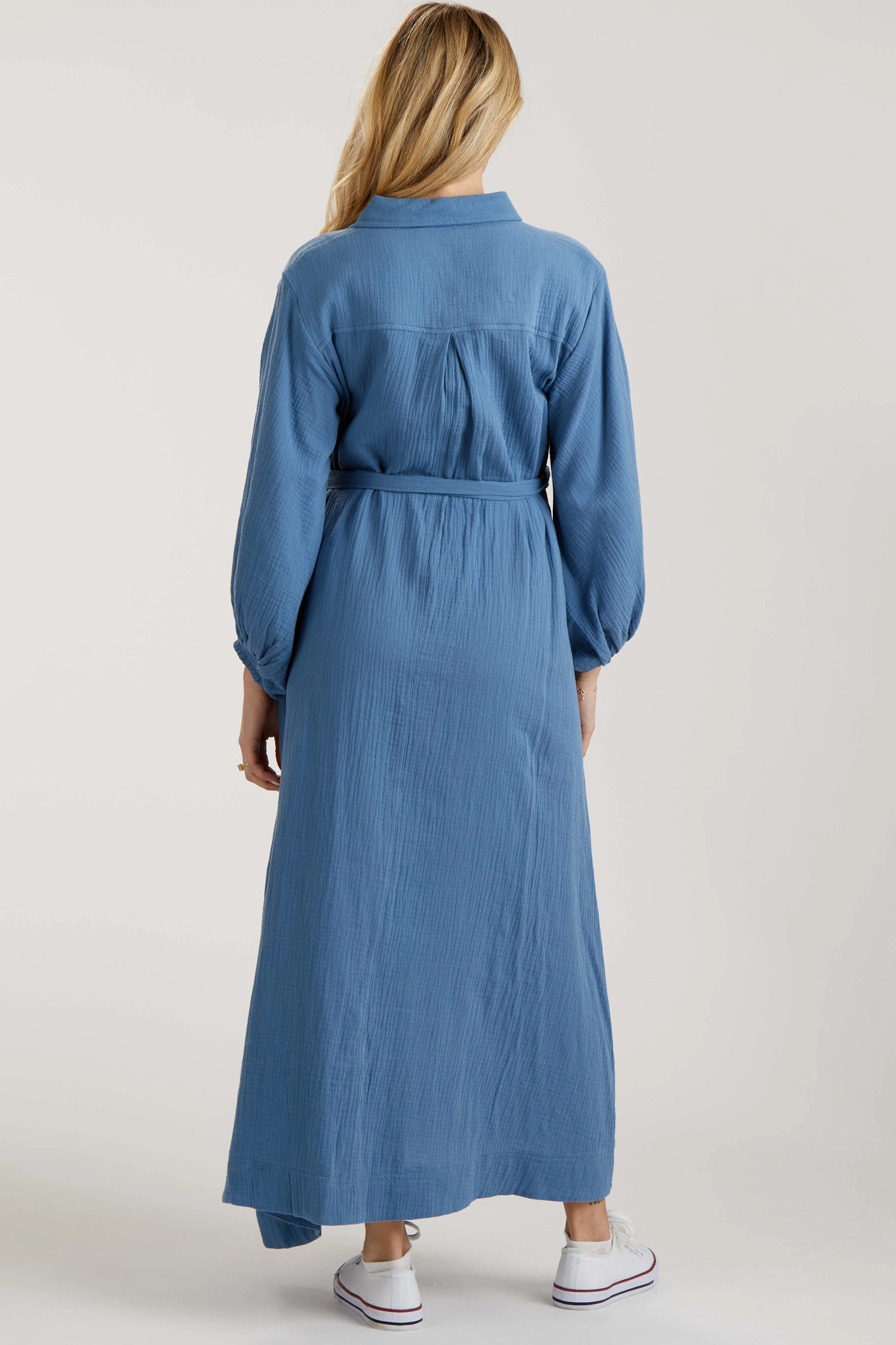 Blue Gauze Belted Shirt Maternity Midi Dress sold by Pinkblush product image thumbnail 3