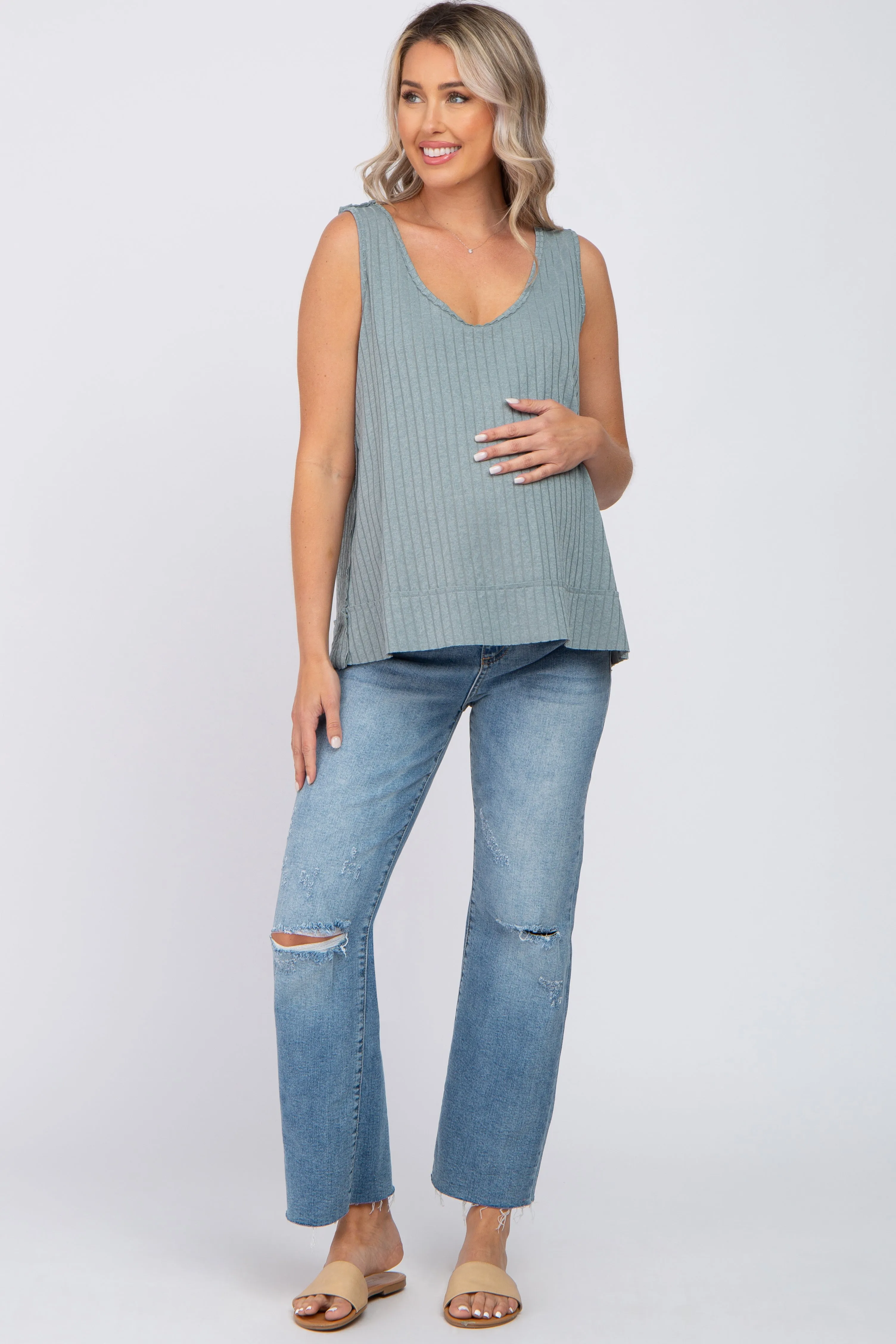 Slate Blue Ribbed Raw Hem Maternity Tank Top sold by Pinkblush product image thumbnail 4