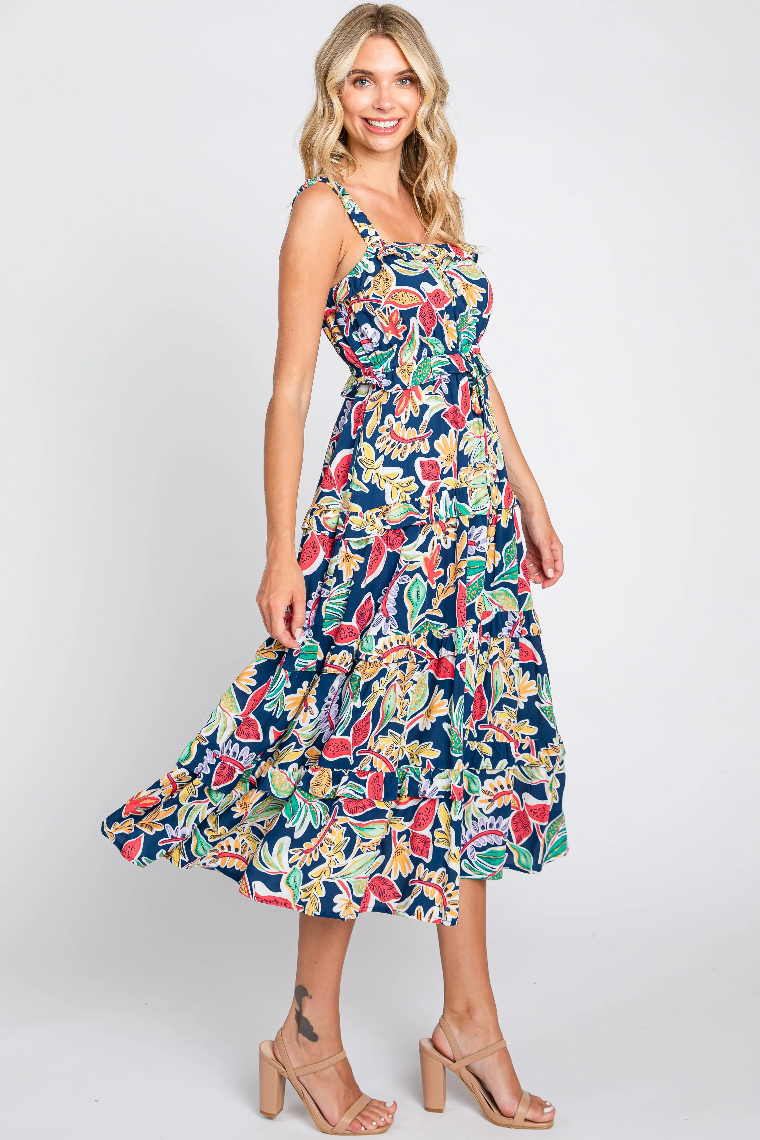 Navy Blue Multi-Color Floral Sleeveless Tiered Midi Dress sold by Pinkblush product image thumbnail 2