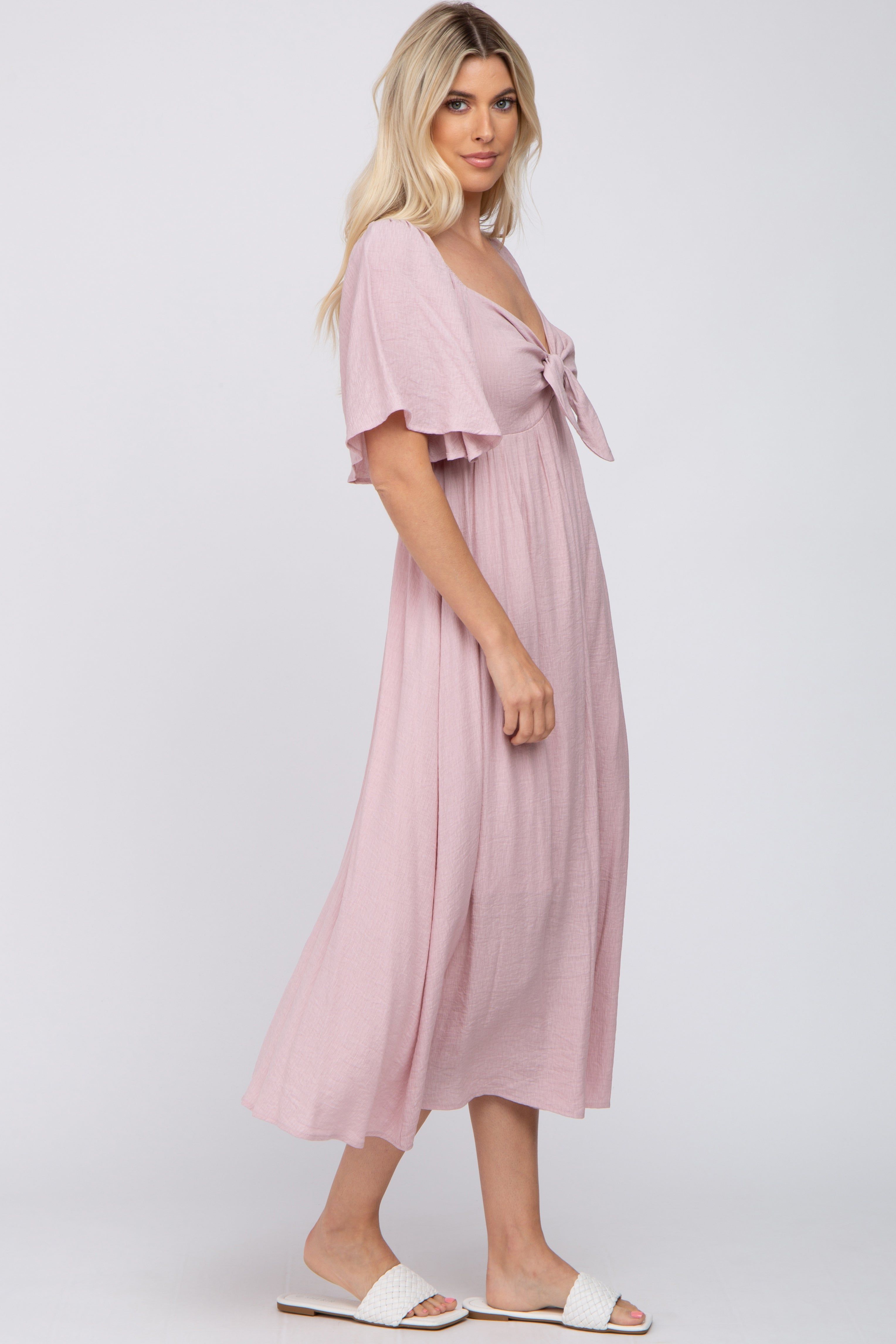 Light Pink Front Tie Ruffle Sleeve Midi Dress sold by Pinkblush product image thumbnail 2
