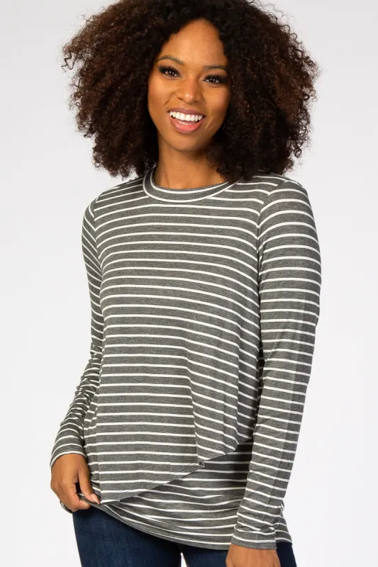 Charcoal Striped Layered Front Long Sleeve Nursing Top sold by Pinkblush