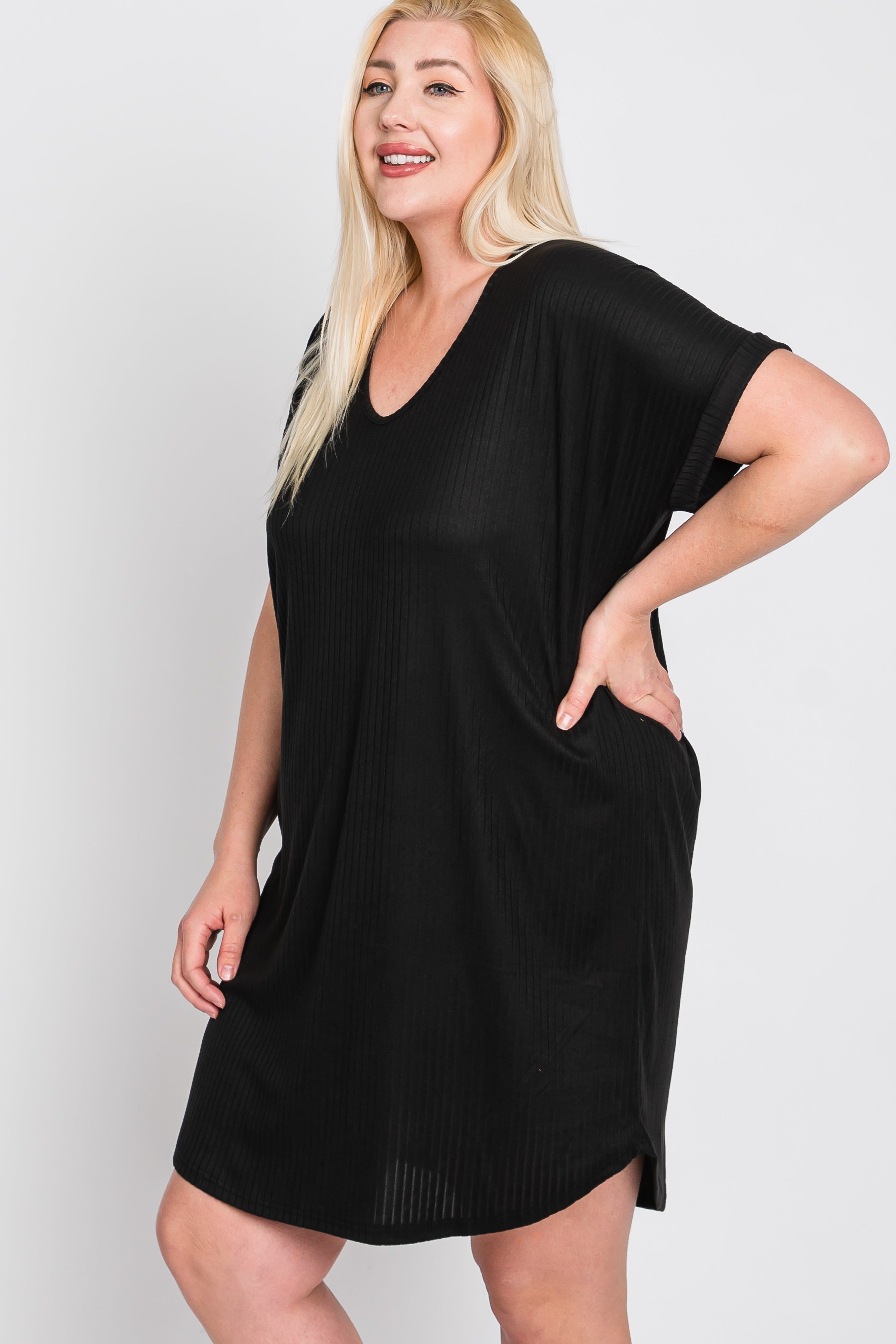 Black Ribbed Short Sleeve Maternity Plus Dress sold by Pinkblush product image thumbnail 5