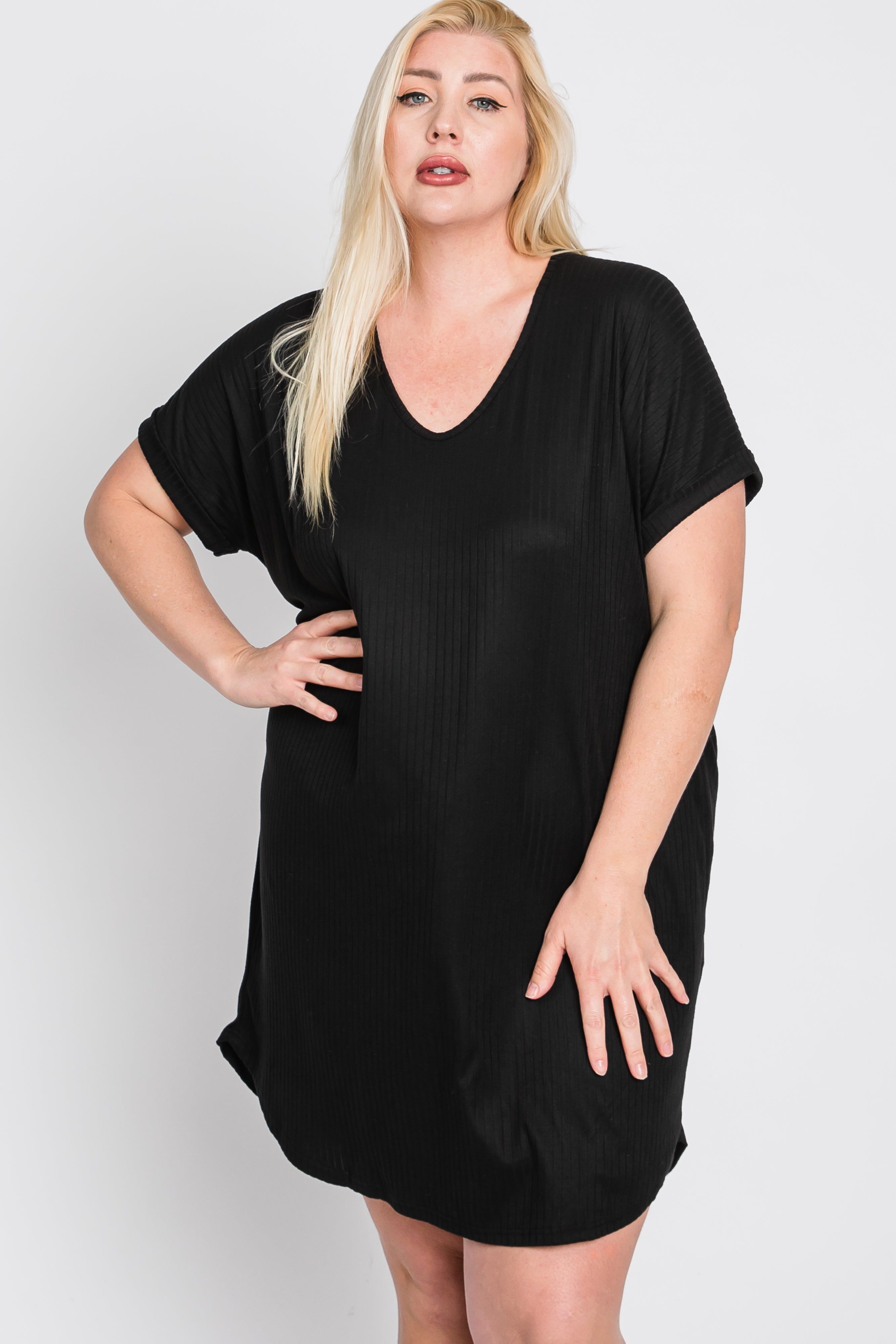 Black Ribbed Short Sleeve Maternity Plus Dress sold by Pinkblush product image thumbnail 2