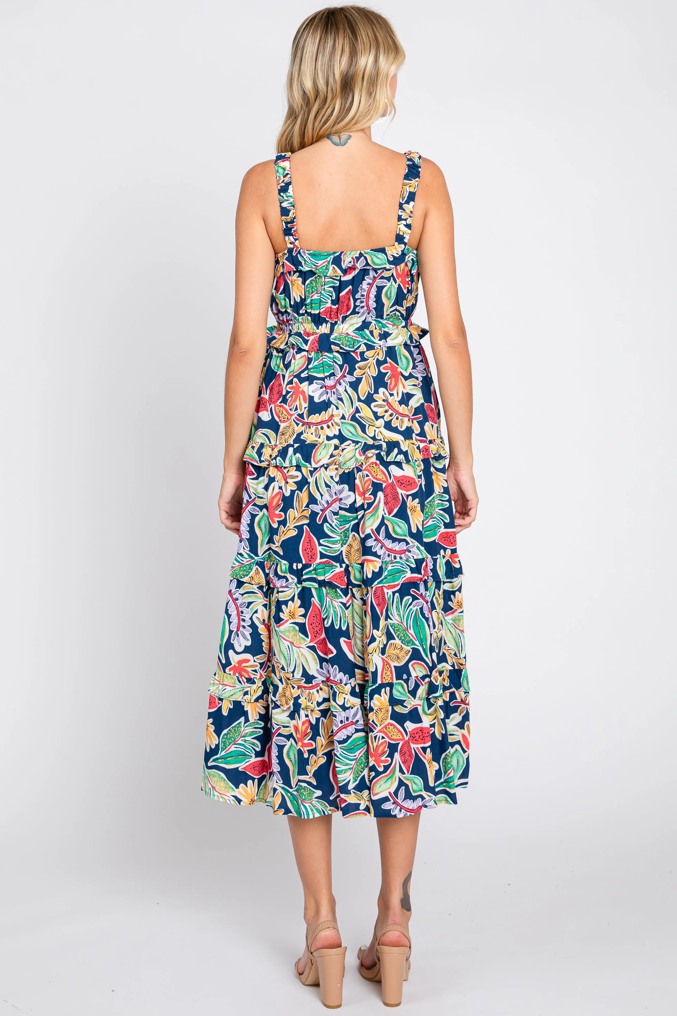 Navy Blue Multi-Color Floral Sleeveless Tiered Midi Dress sold by Pinkblush product image thumbnail 3