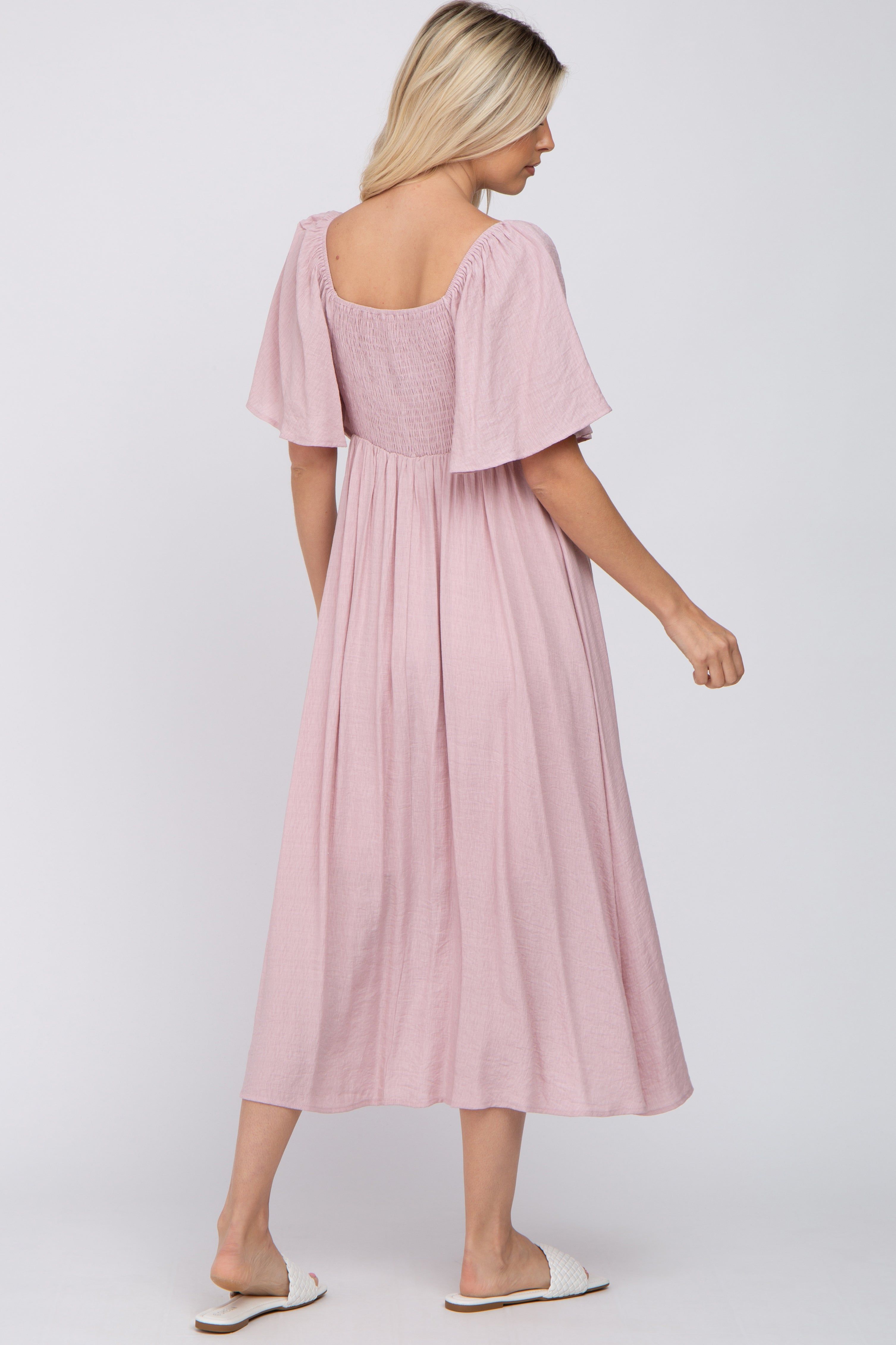 Light Pink Front Tie Ruffle Sleeve Midi Dress sold by Pinkblush product image thumbnail 3