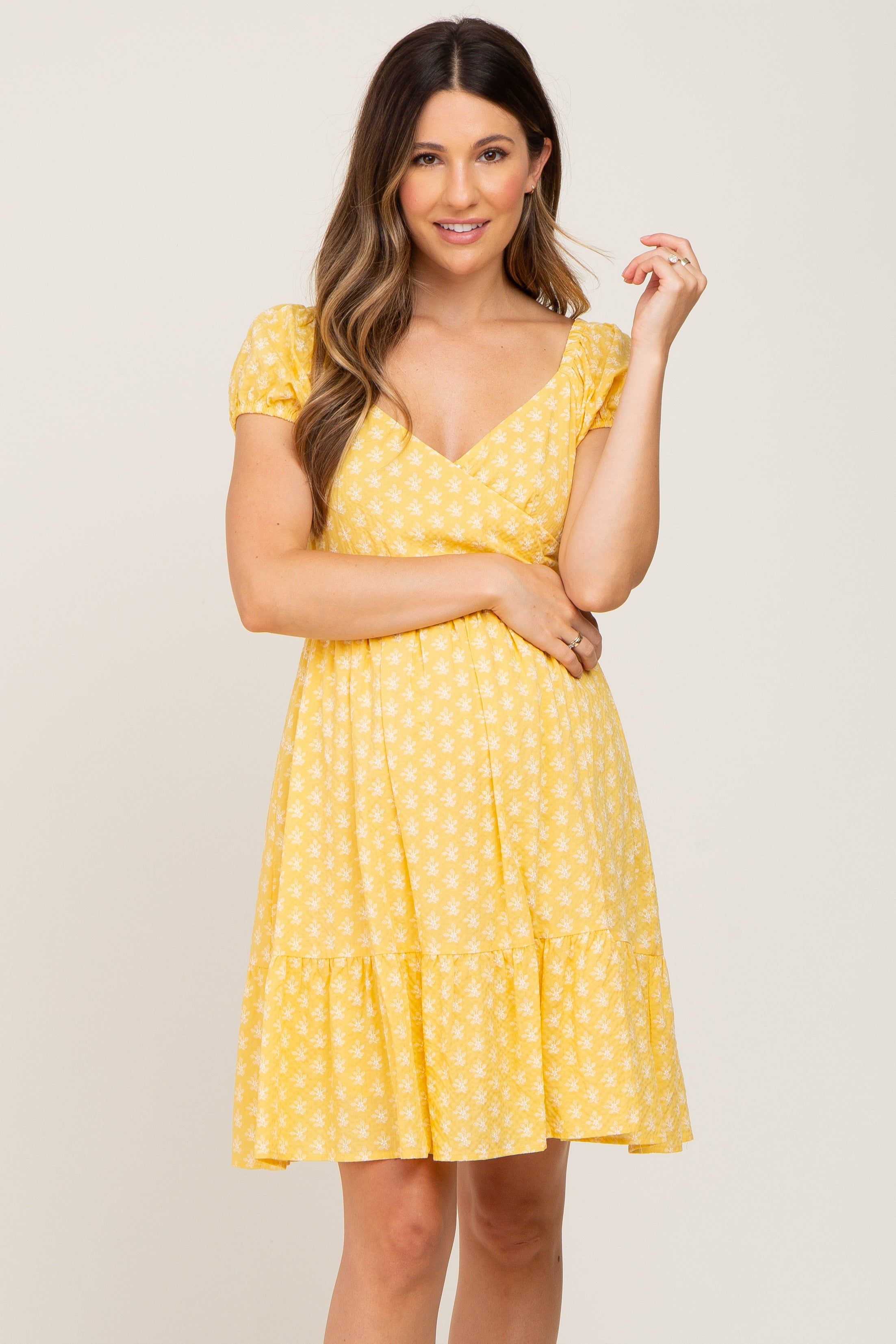 Yellow Floral Wrap Puff Sleeve Maternity Dress sold by Pinkblush product image thumbnail 2