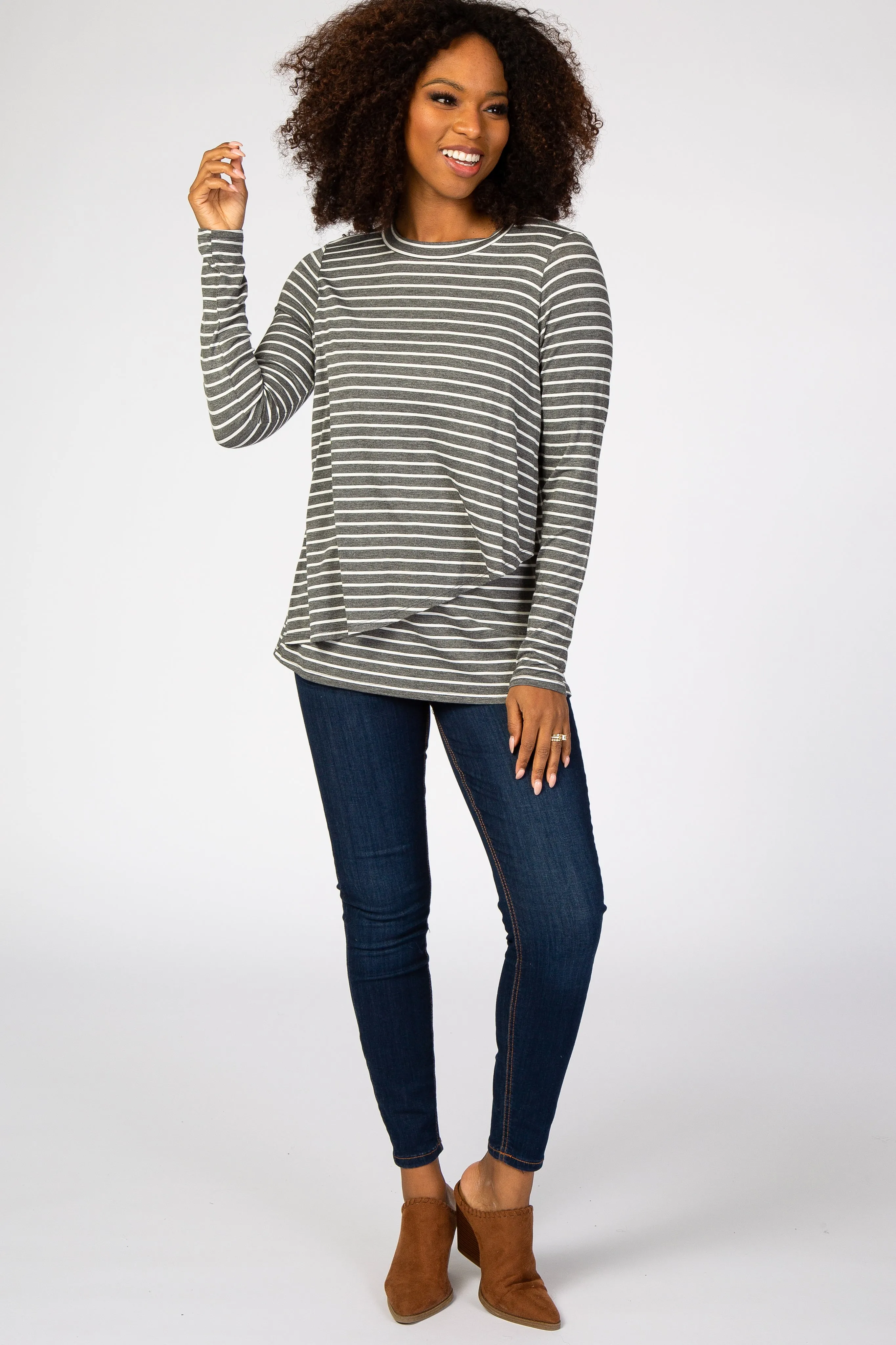 Charcoal Striped Layered Front Long Sleeve Nursing Top sold by Pinkblush product image thumbnail 5