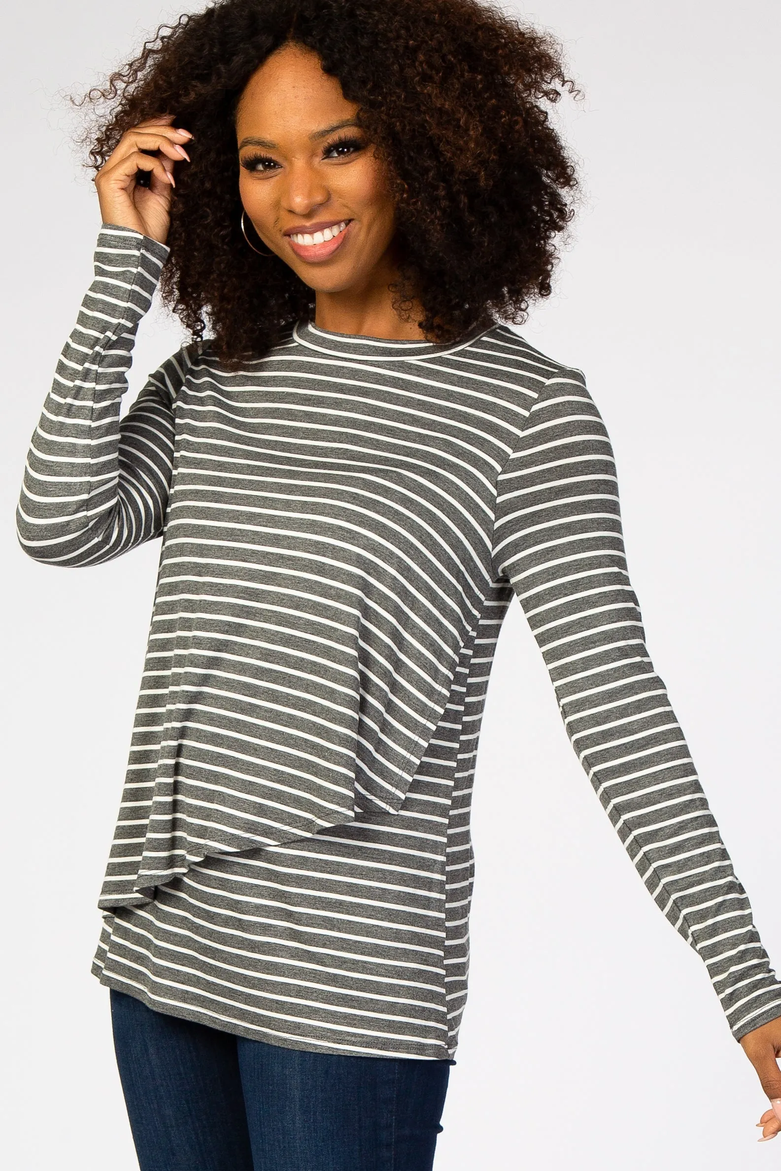 Charcoal Striped Layered Front Long Sleeve Nursing Top sold by Pinkblush product image thumbnail 2