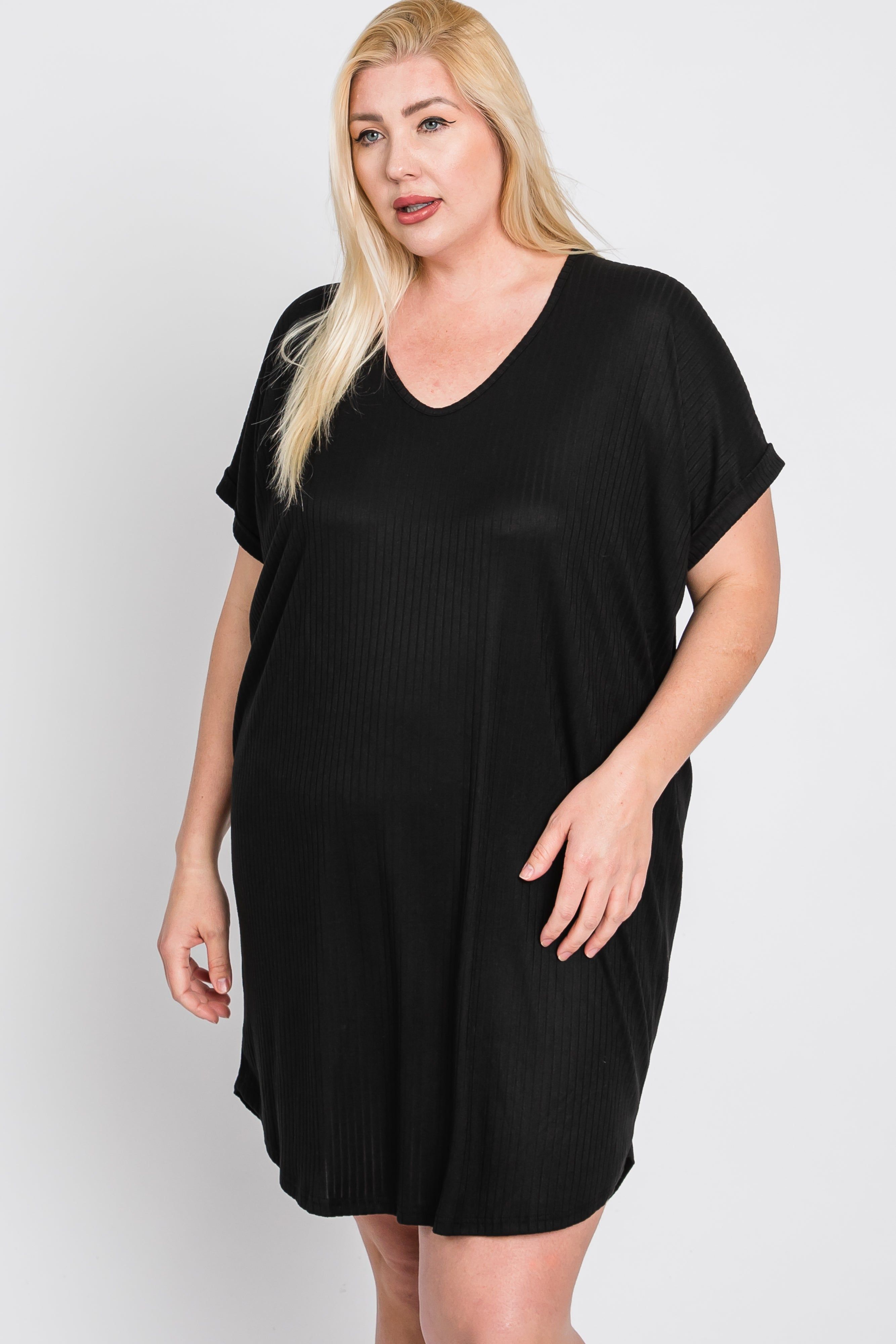 Black Ribbed Short Sleeve Maternity Plus Dress sold by Pinkblush product image thumbnail 3