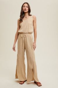 Natural Slit Gauze Jumpsuit With Drawstring sold by Pinkblush