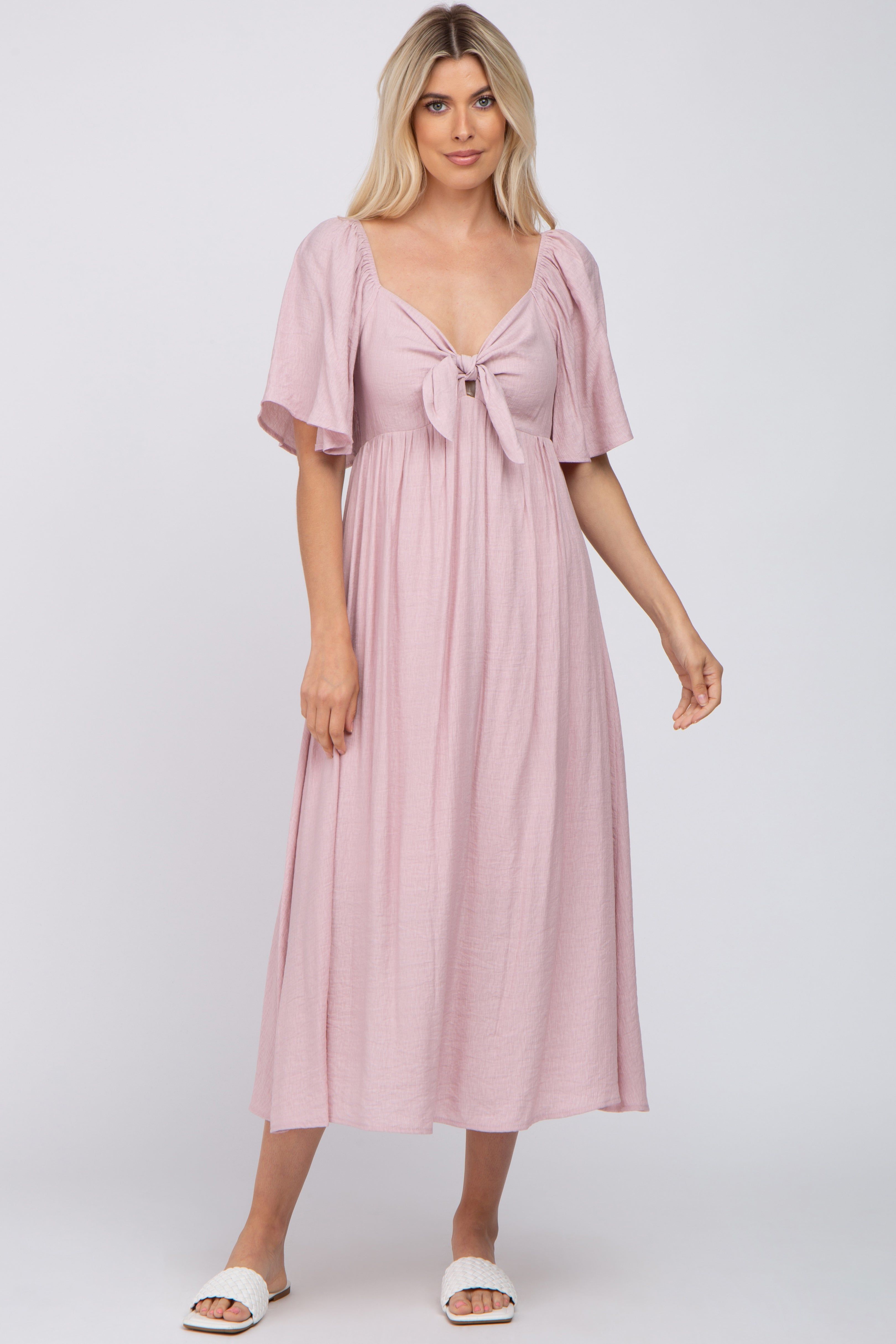 Light Pink Front Tie Ruffle Sleeve Midi Dress sold by Pinkblush