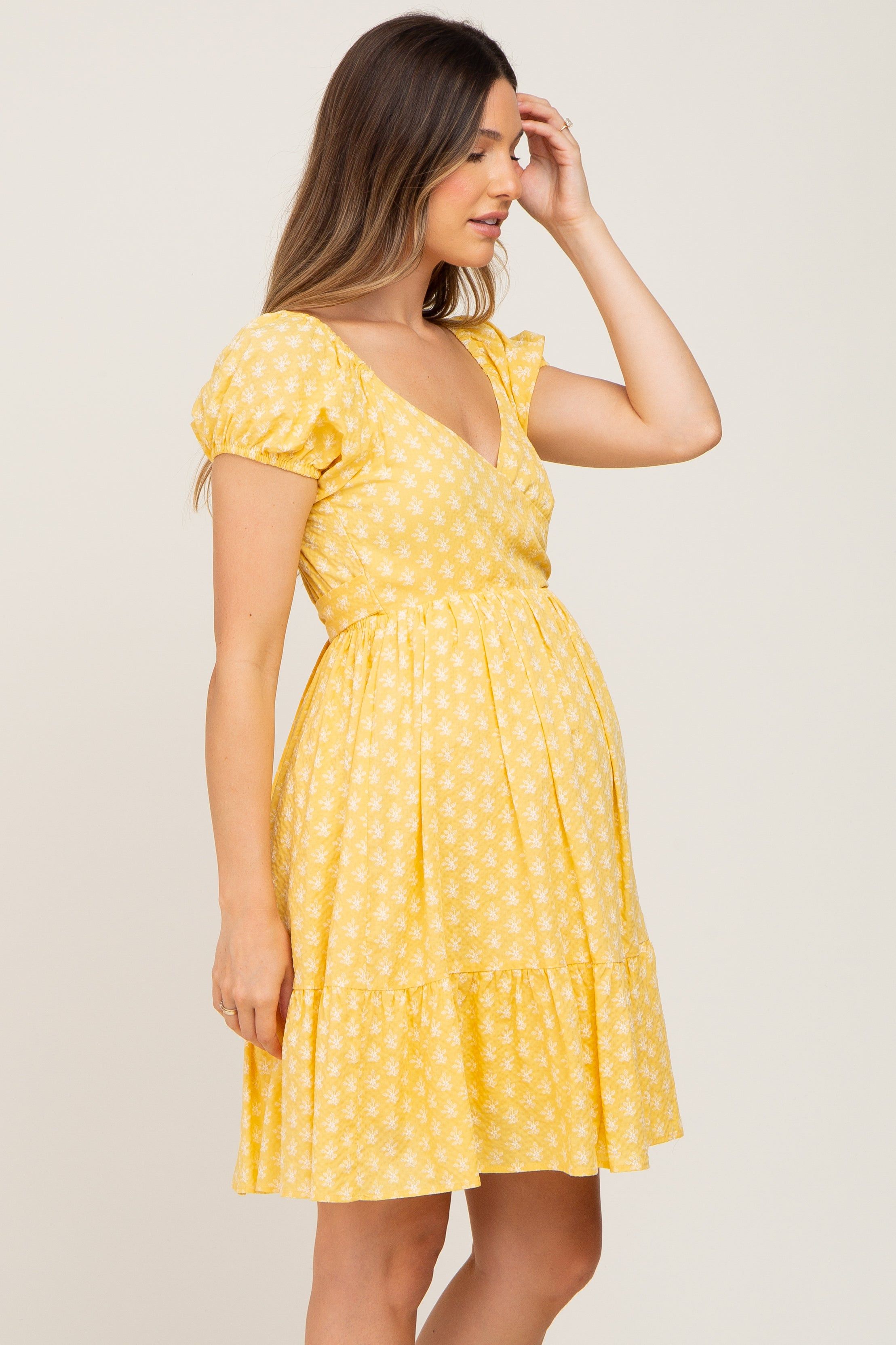 Yellow Floral Wrap Puff Sleeve Maternity Dress sold by Pinkblush product image thumbnail 3