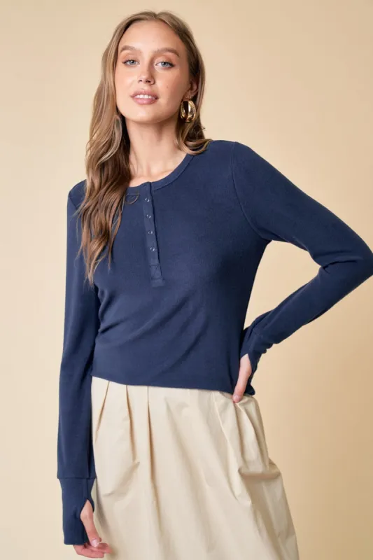Navy Button Front Soft Knit Long Sleeve Henley Top sold by Pinkblush