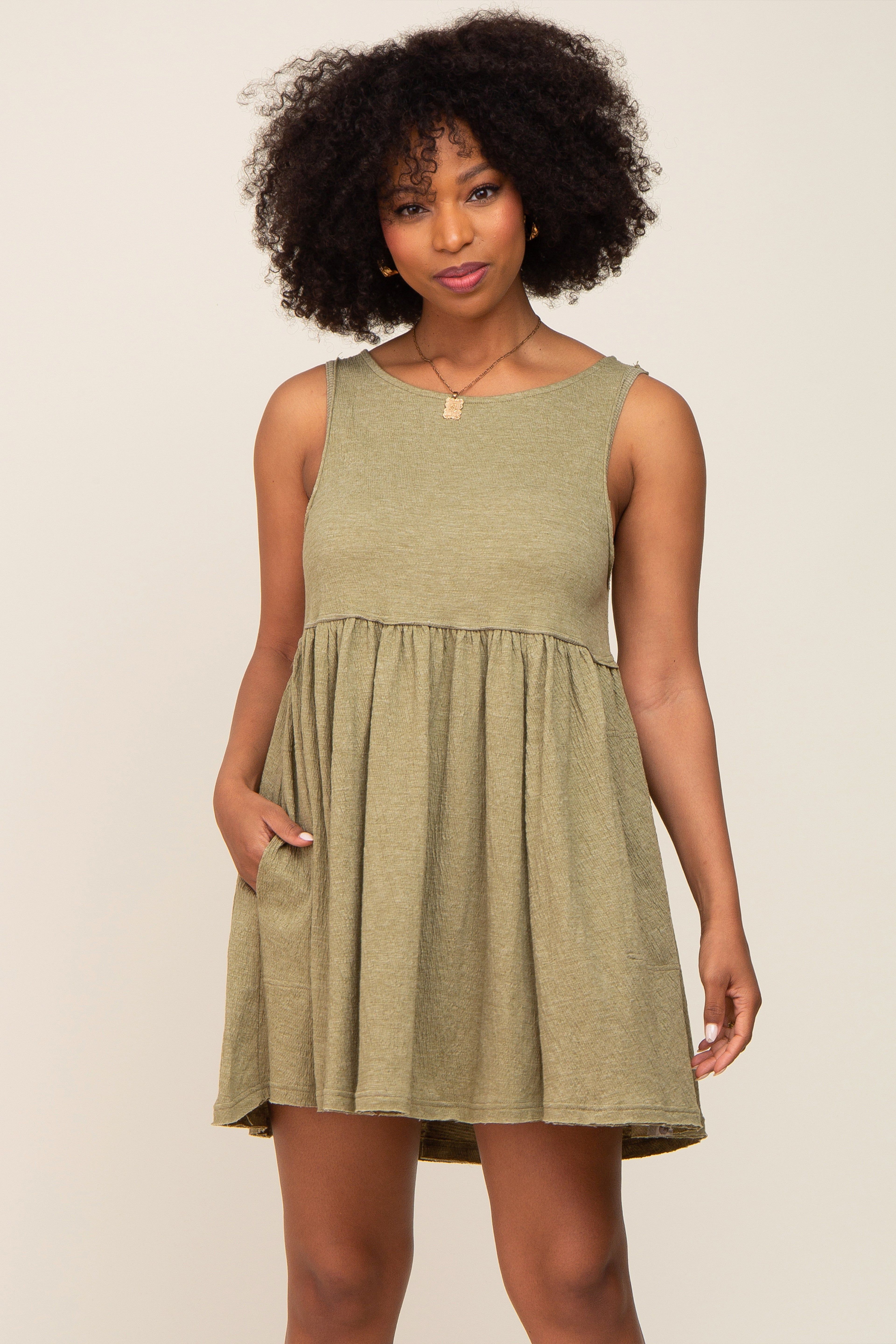Olive Sleeveless Babydoll Mini Dress sold by Pinkblush