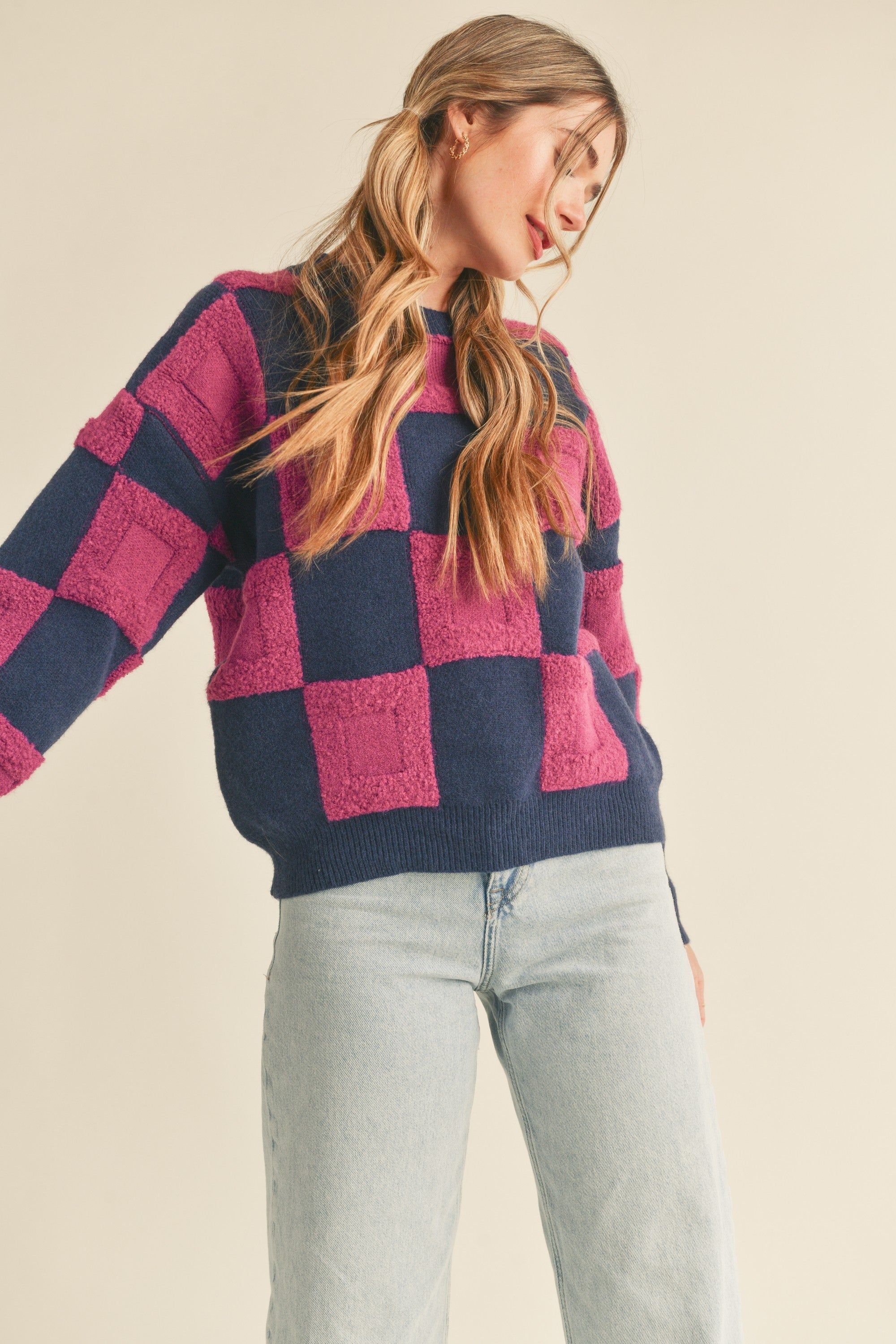 Navy Purple Textured Checkered Sweater Pullover sold by Pinkblush product image thumbnail 2