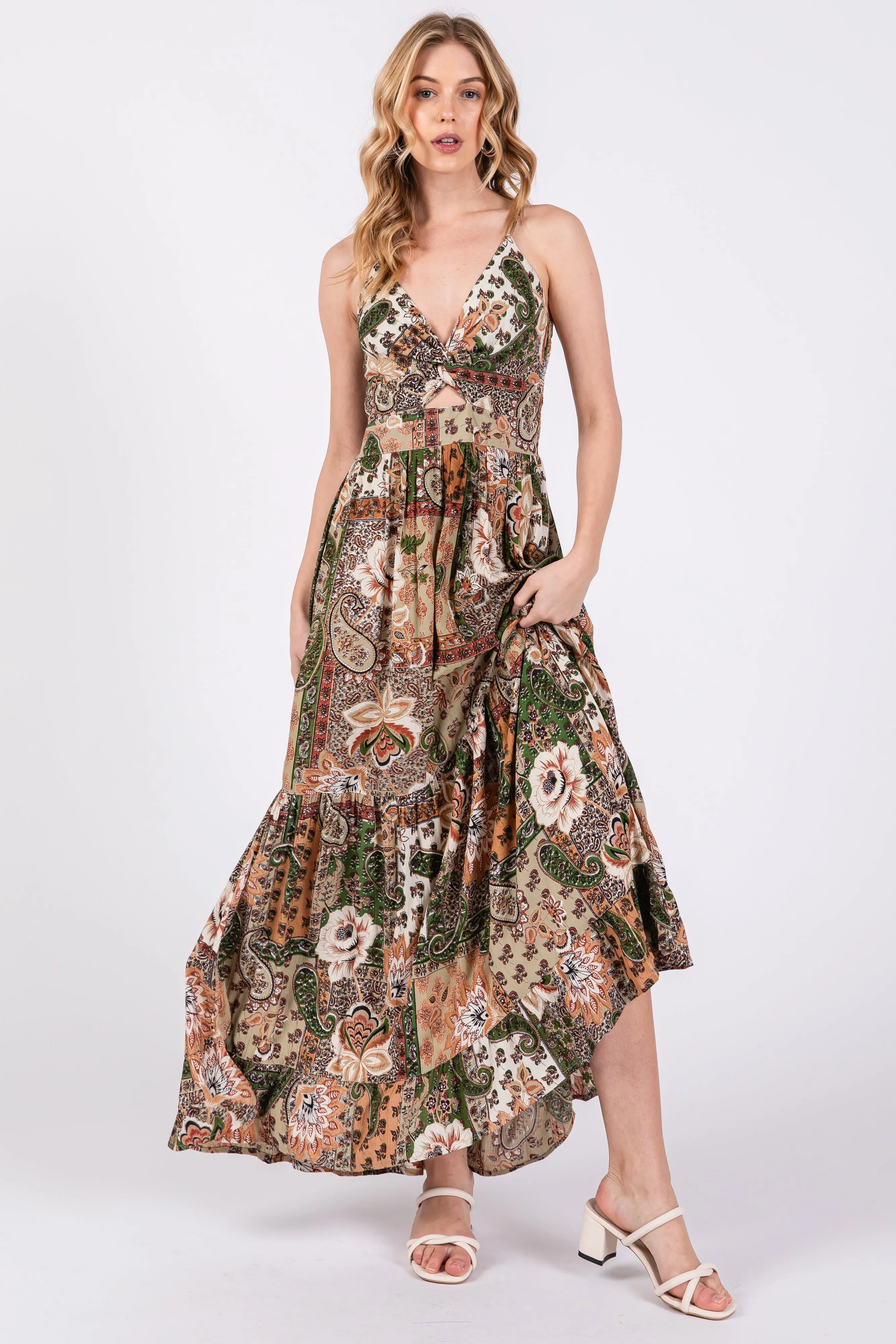 Olive Floral Paisley Front Twist Maternity Maxi Dress sold by Pinkblush product image thumbnail 4