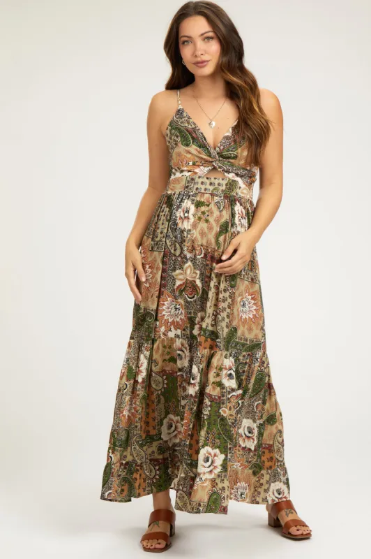 Olive Floral Paisley Front Twist Maternity Maxi Dress sold by Pinkblush