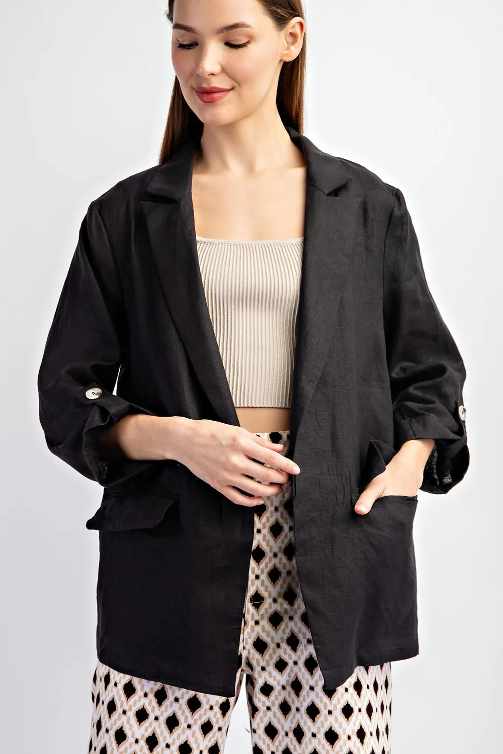 Black Linen Rolled Cuff Blazer sold by Pinkblush