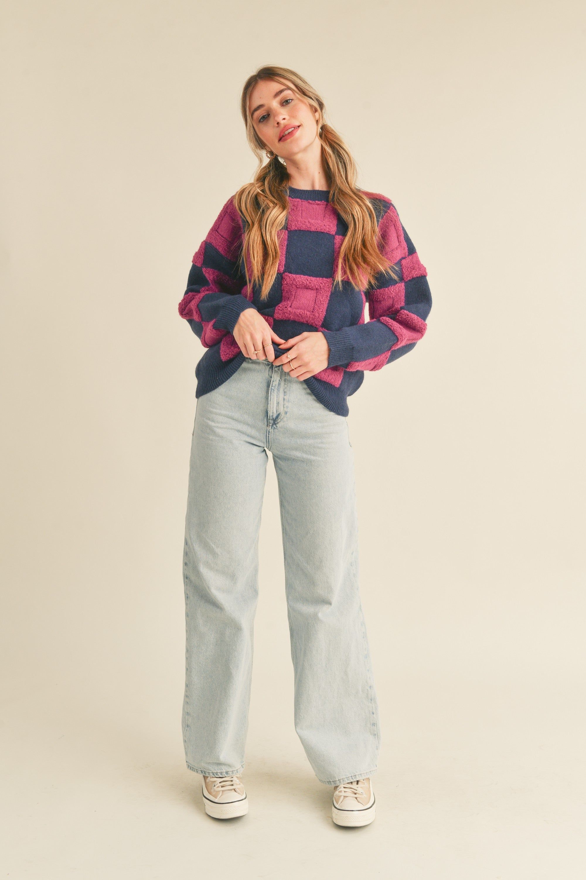 Navy Purple Textured Checkered Sweater Pullover sold by Pinkblush product image thumbnail 3